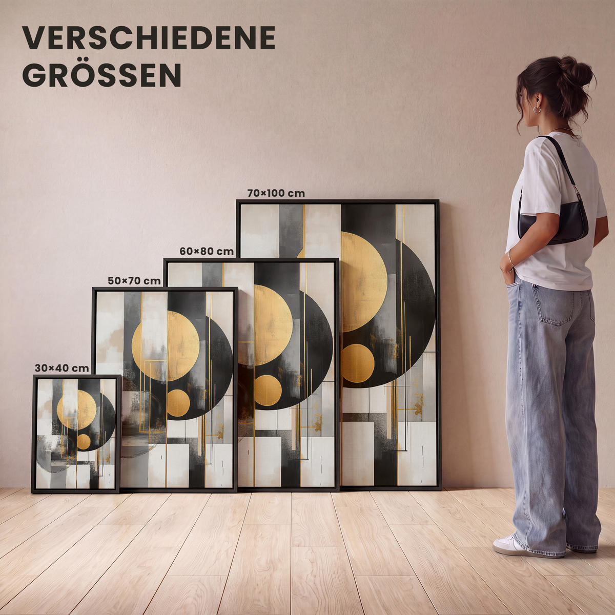 LEINWAND Bilder mit Rahmen - Abstrakt - Gold - Silber - Formen - Ästhetisch - Modern - 60x80 - Goldfarben, Textil (60/80cm) - MuchoWow