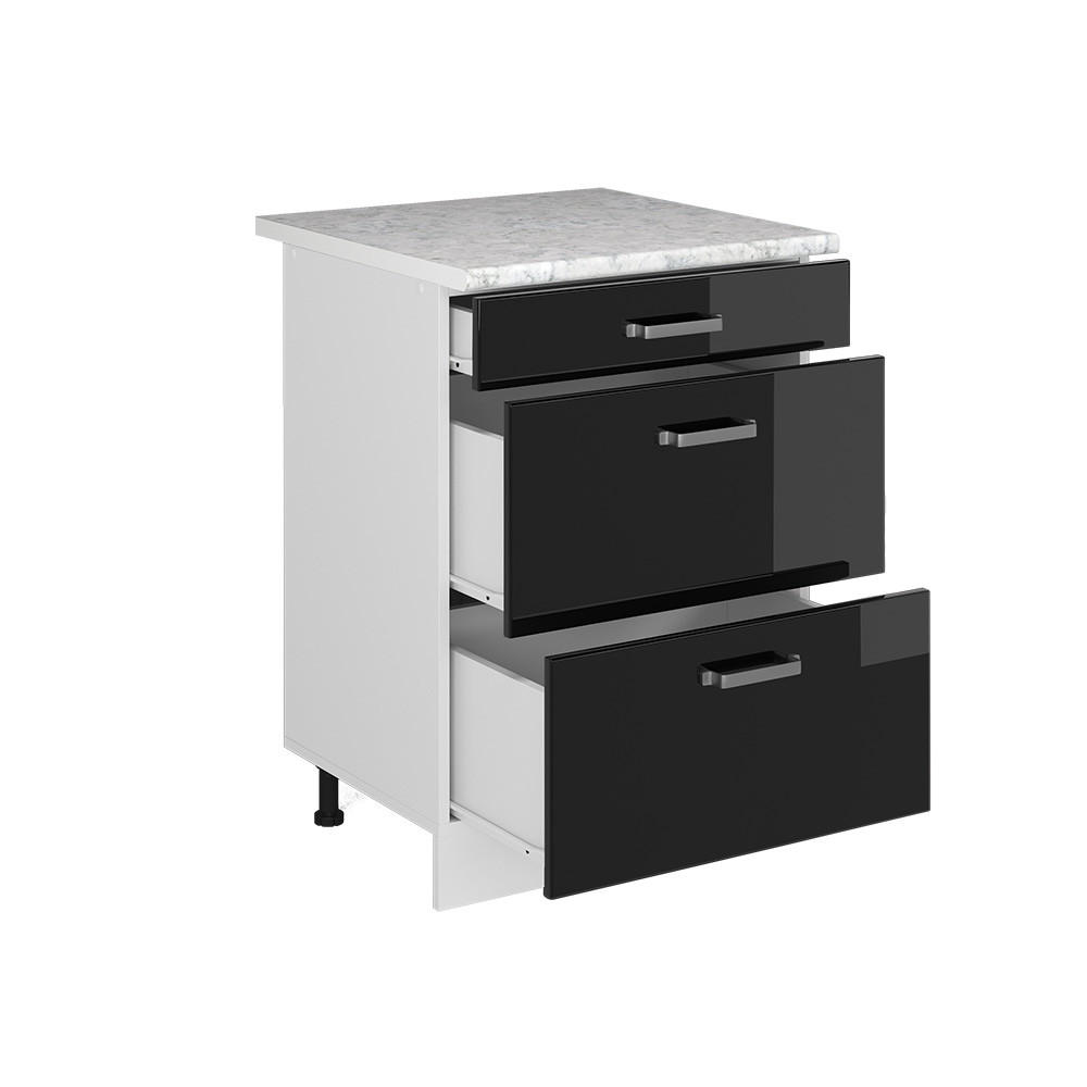 KÜCHENUNTERSCHRANK R-Line Schwarz Hochglanz 60 cm mit Schubladen AP Marmor - Schwarz Hochglanz/Schwarz, Holzwerkstoff (60/81.6/60cm) - Vicco