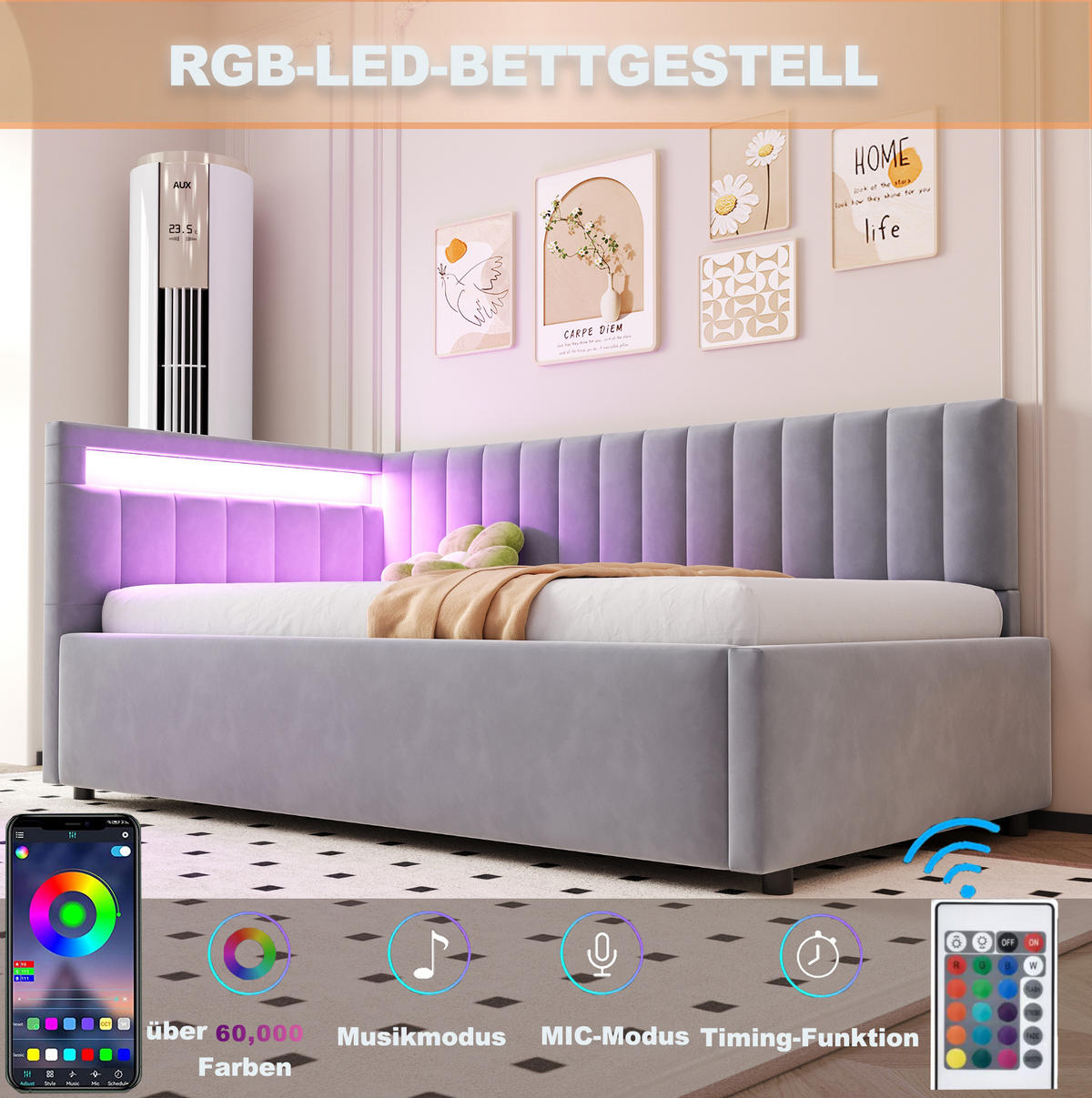 POLSTERBETT Schlafsofa 90/200 cm Grau aus Samt mit LED und Stauraum - Hellgrau, Textil (90/200cm) - OKMYHOME