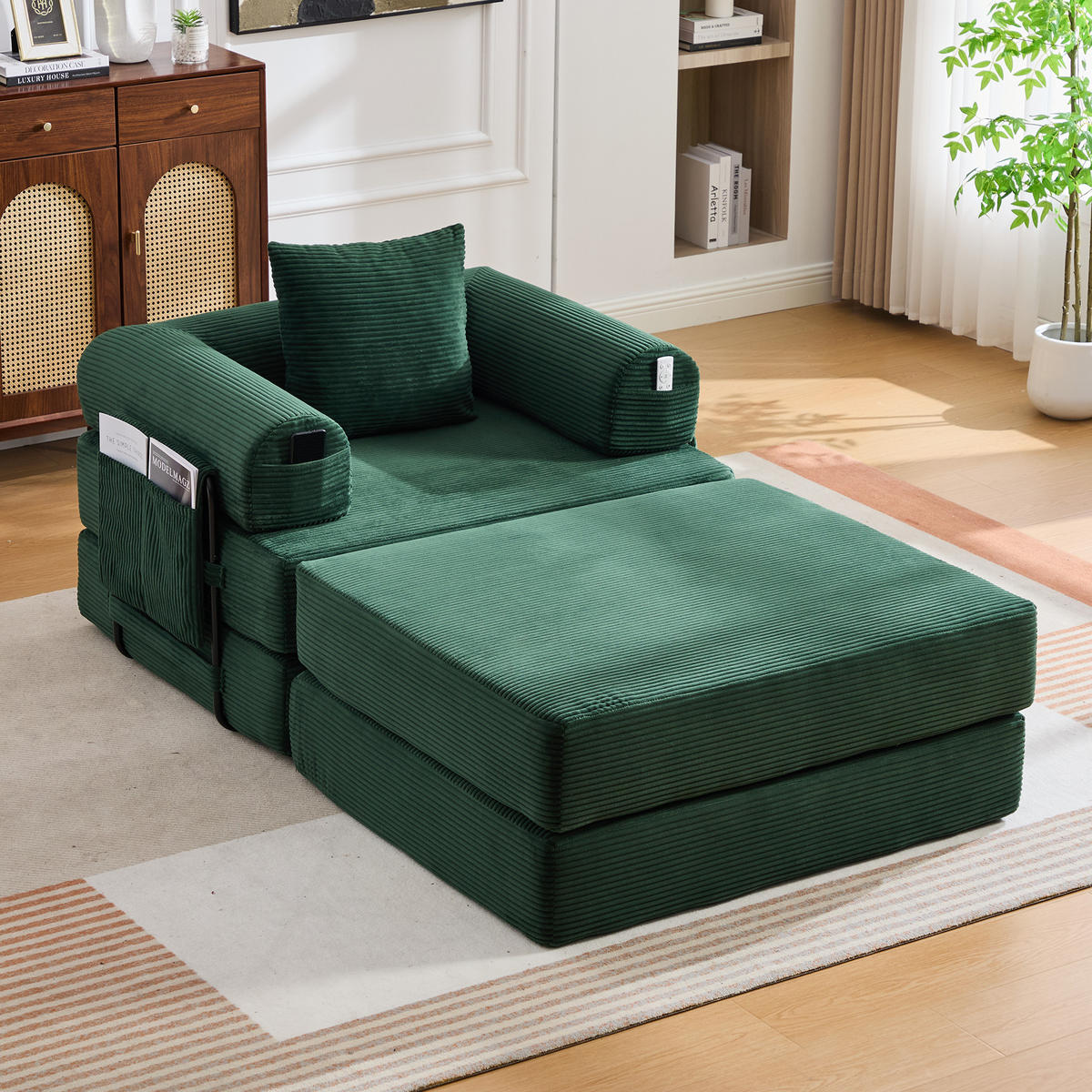 MODULSESSEL 112/190/67 cm mit Hocker, Seitentasche und Kissen aus Cord mit Metallrahmen, Emerald - Smaragdgrün, Textil (190/67/112cm) - Redom