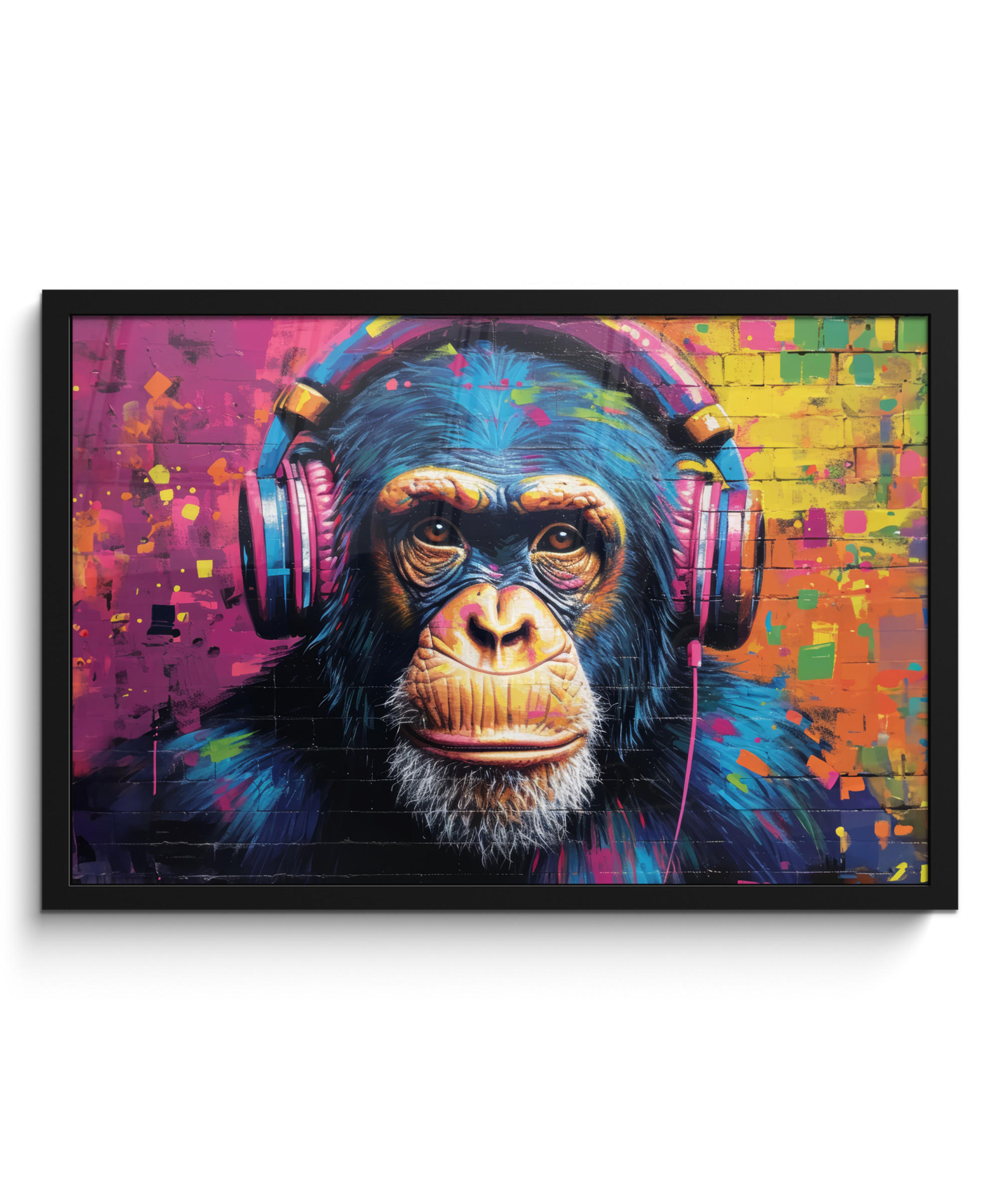 POSTER MIT RAHMEN Graffiti - Schimpanse - Straßenkunst - Kopfhörer - Affe 60x40 cm - Blau, Papier (60/40cm) - MuchoWow