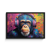 ZARÁMOVANÝ PLAGÁT Graffiti - Šimpanz - Street art - Slúchadlá - Opica 60x40 cm - modrá, papier (60/40cm) - MuchoWow