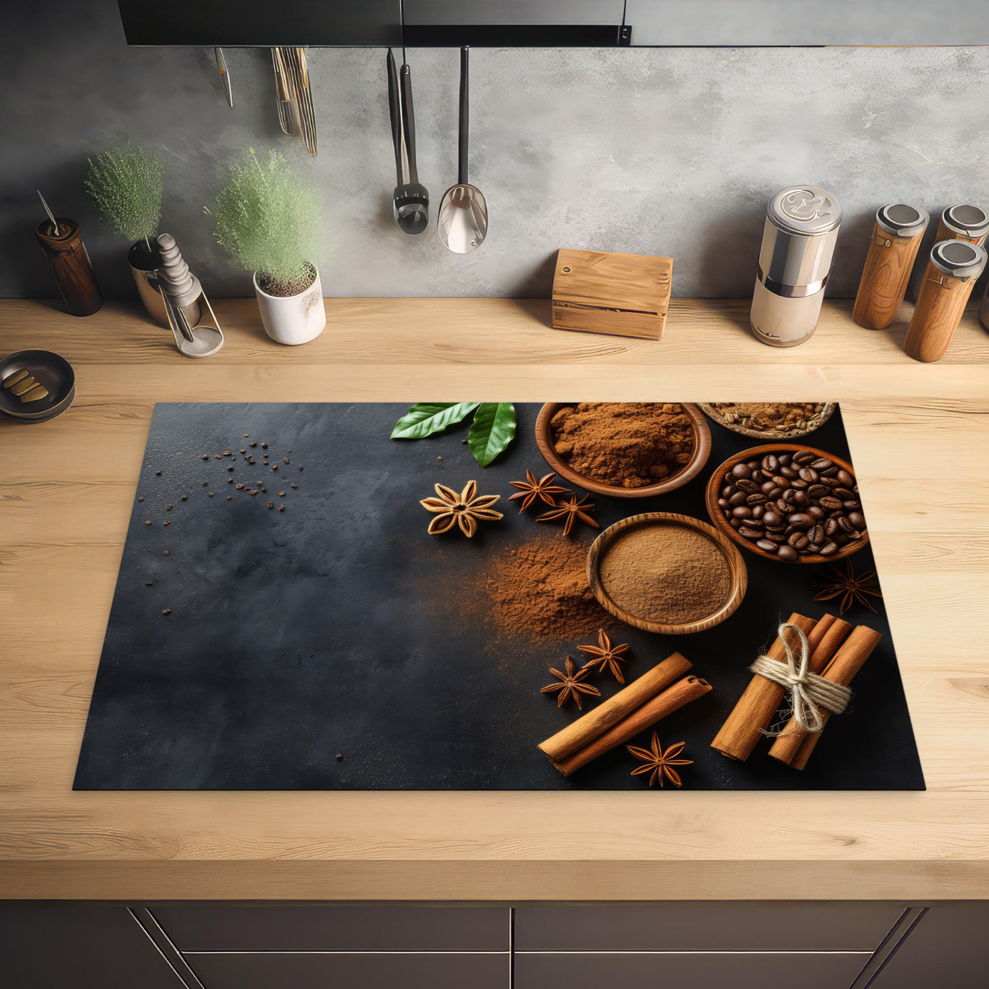 HERDABDECKPLATTE Zimt - Beton - Kaffee - Zimtstangen - Gewürze 81x52 cm - Mokka, Kunststoff (81/0.2/52cm) - MuchoWow
