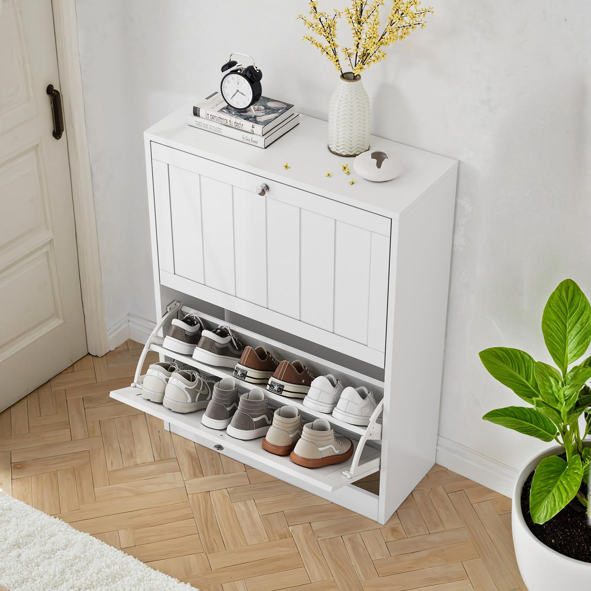 SCHUHSCHRANK aus MDF & Spanplatte in Weiß mit 2 Klappschubladen - Weiß, Holzwerkstoff (60/80/24cm) - Modfu