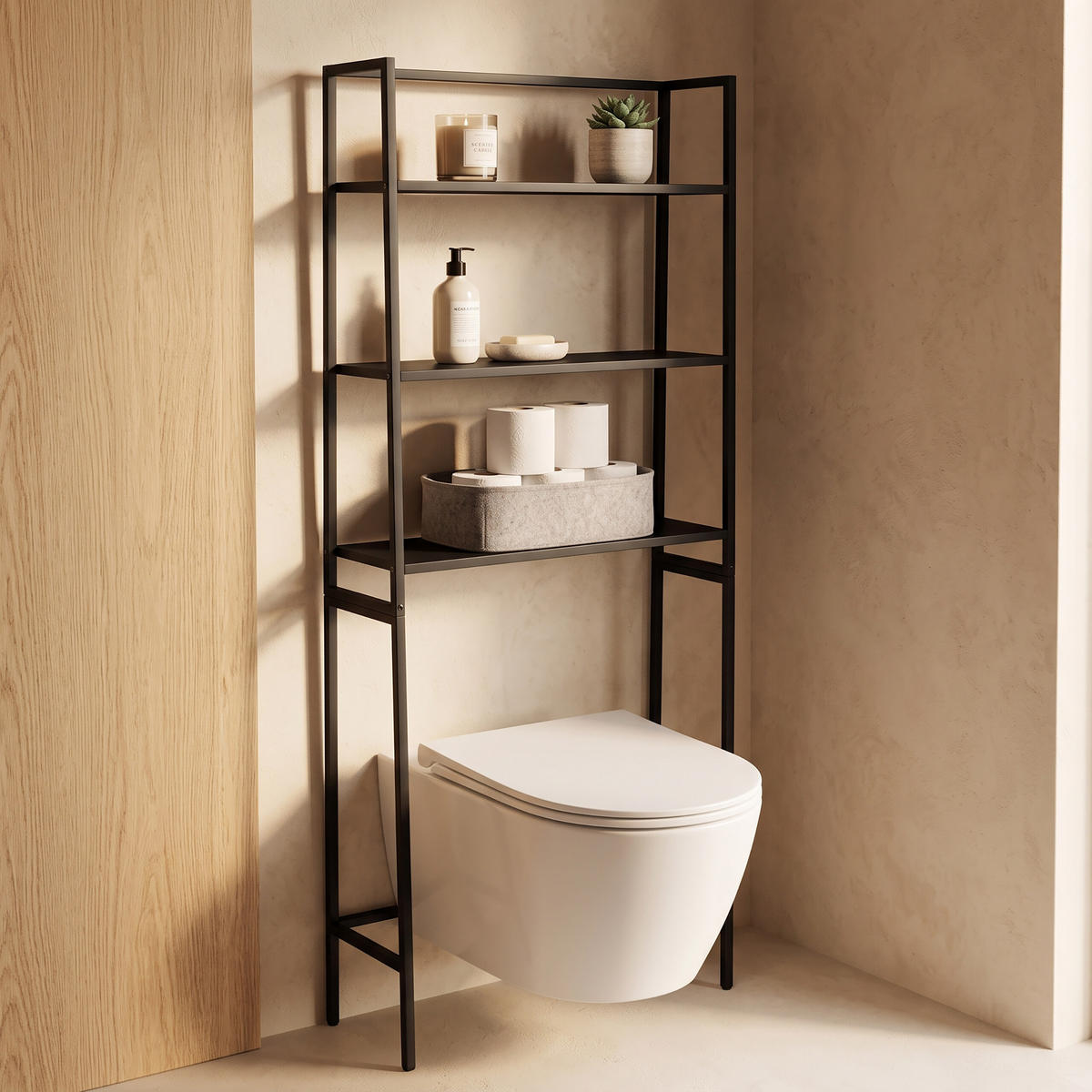 WASCHMASCHINENREGAL Schwarz 3 Ablagen MDF Metall - Schwarz, Holzwerkstoff/Metall (65/157/28cm) - Relaxdays