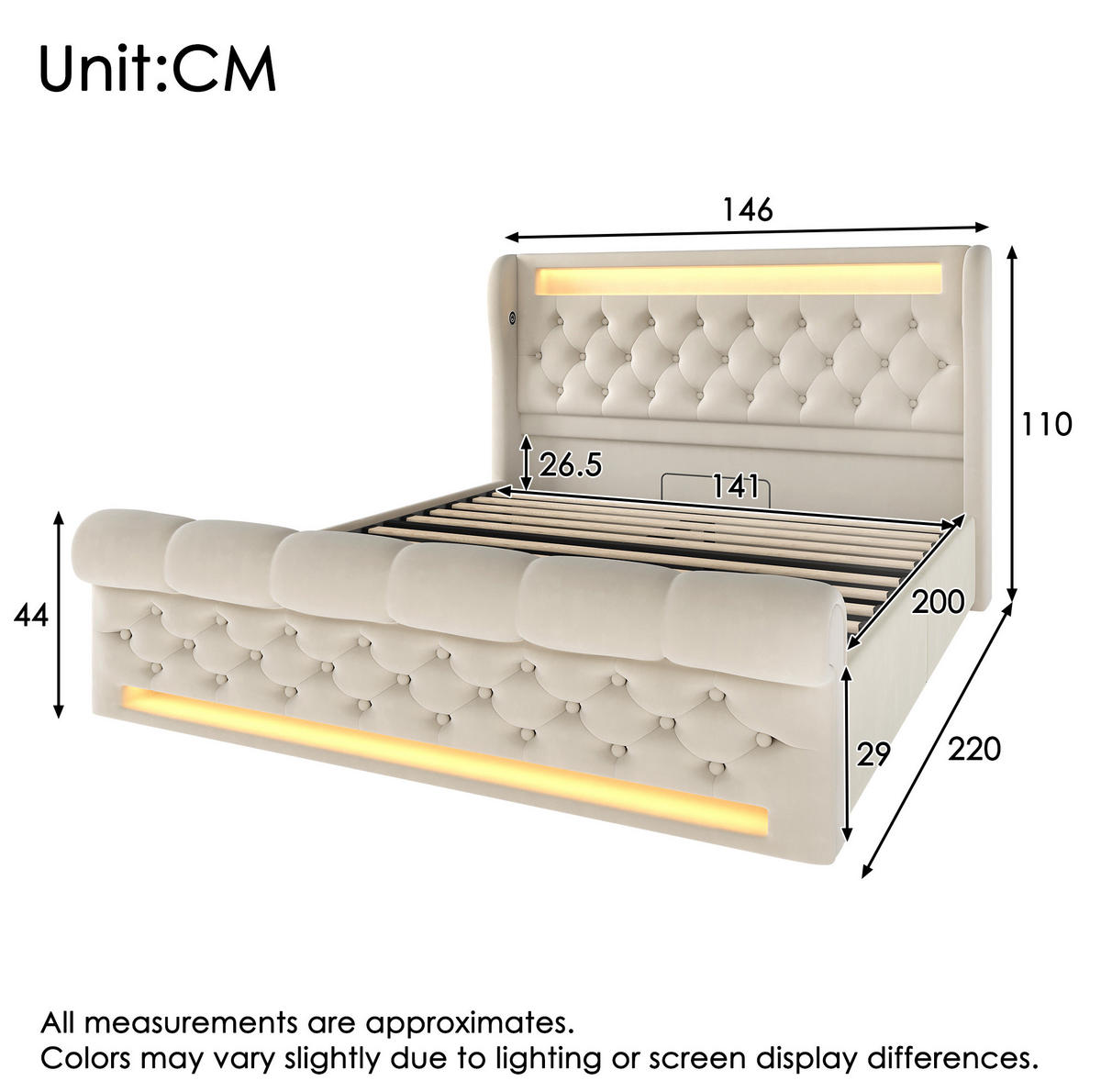 POLSTERBETT 140/200 cm in Beige mit LED-Beleuchtung, Stauraum und Matratze - Beige, Textil (140/200cm) - Flora Grace