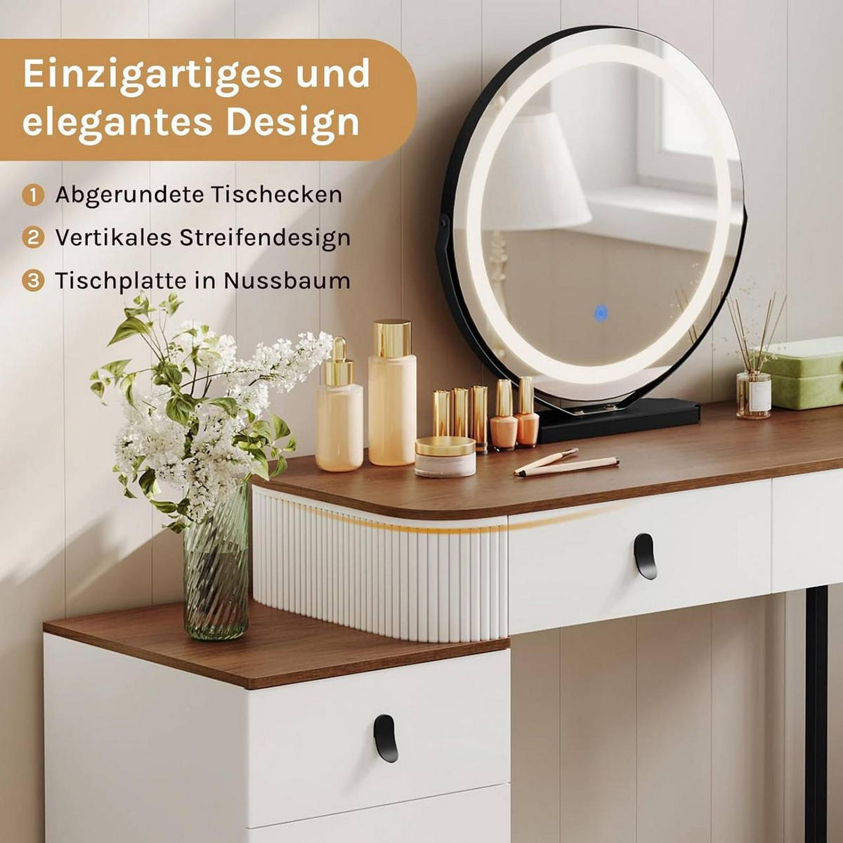SCHMINKTISCH mit LED, Spiegel, Orangebraune Holzoptik - Nussbaumfarben/Schwarz, Glas/Holz (100/126/40cm) - Woltu