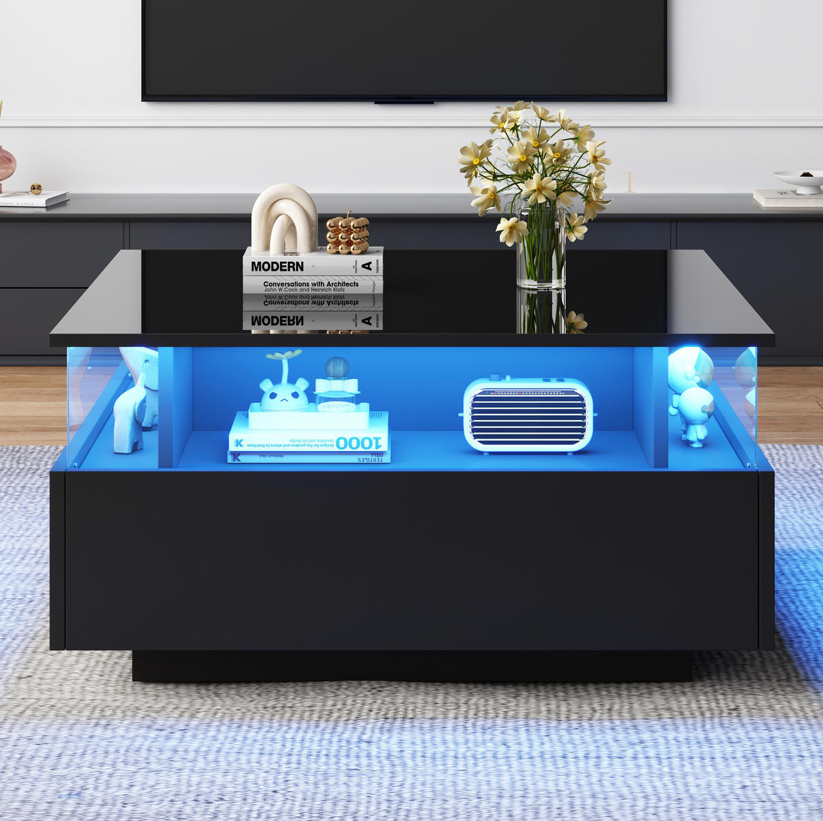 COUCHTISCH mit LED 70x70 cm Schwarz mit 2 Schubladen - Schwarz, Holzwerkstoff (70/70/41cm) - Meubliv