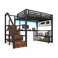 HOCHBETT aus Metall und MDF 140x200 cm Schwarz mit Schreibtisch, Stauraumtreppe, LED und USB - Schwarz, Metall (140/200cm) - IVMEU
