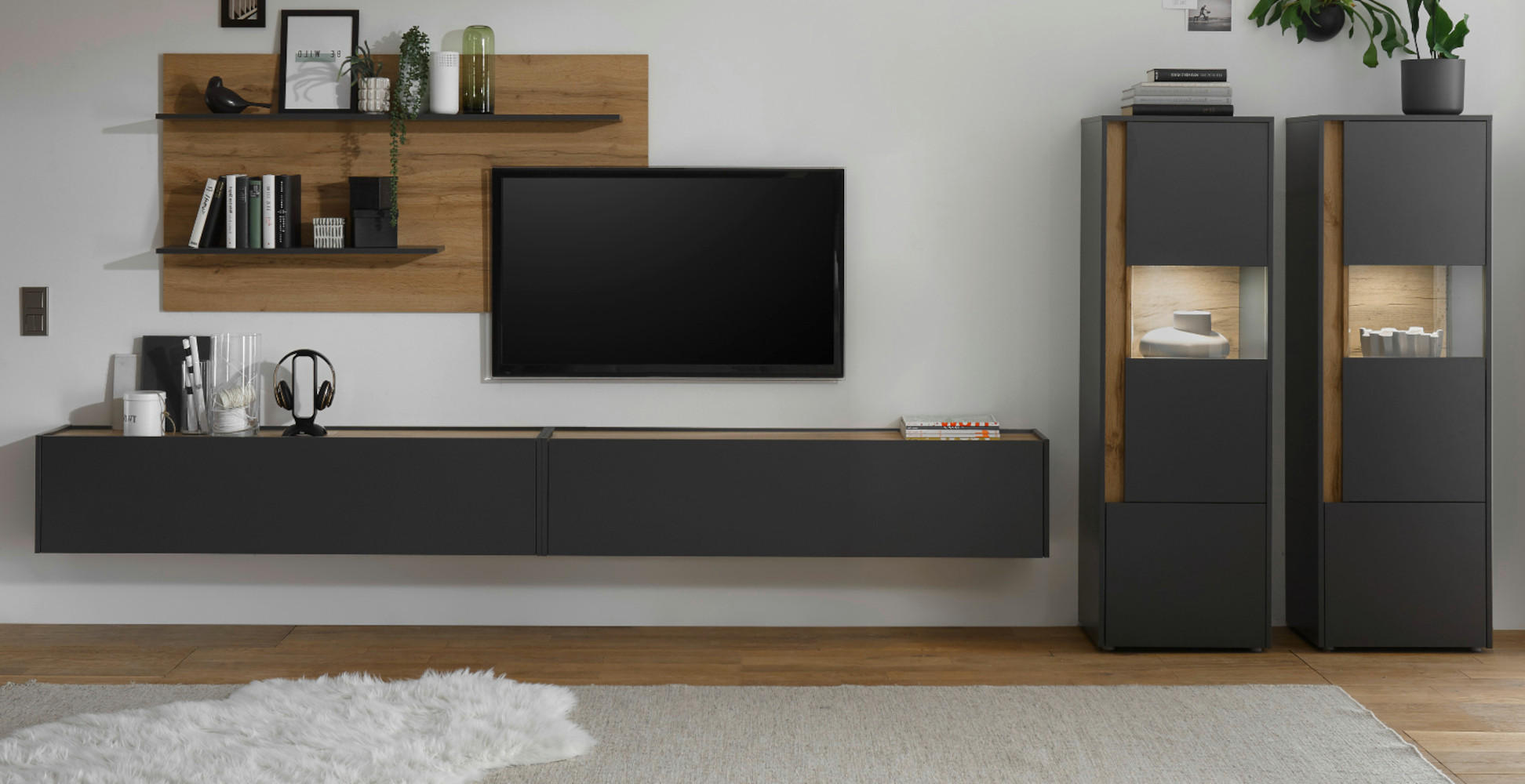 WOHNWAND 5-teilig grau matt, Eiche Wotan 440 cm, Schrankwand mit XXL-TV-Schrank - Eiche Wotan/Grau, Glas/Holz (440/180/40cm) - Furn.Design