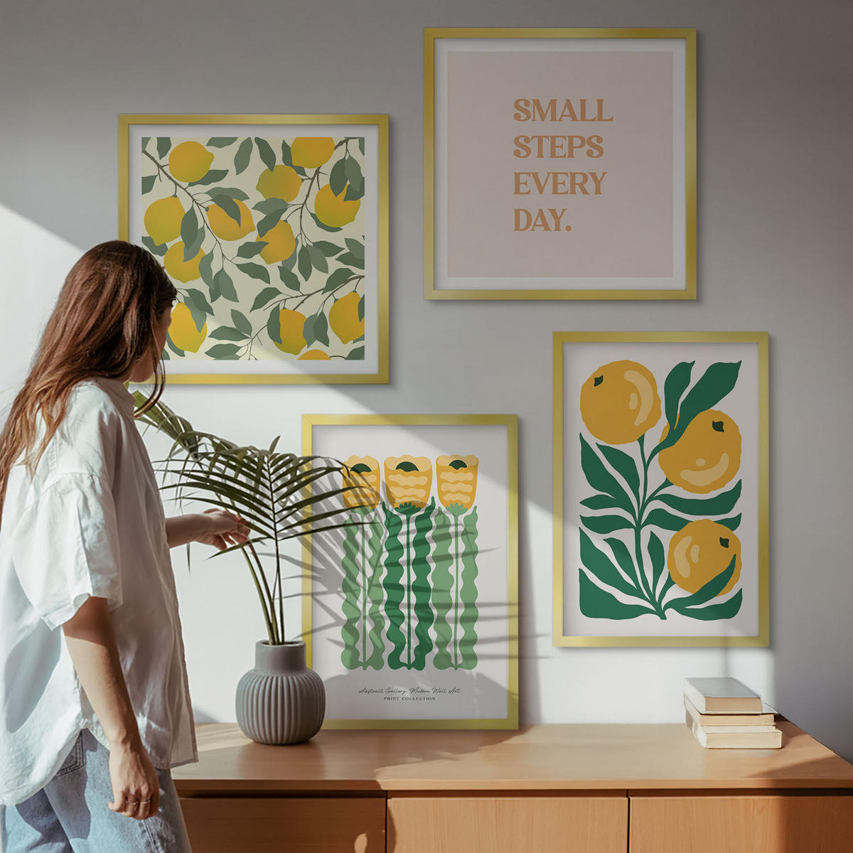 BILDER SET 4er Set - 50x50 cm & 40x60 cm Goldrahmen - Pflanzenmuster mit Blumen - Goldfarben, Kunststoff (50/50cm) - TULUP