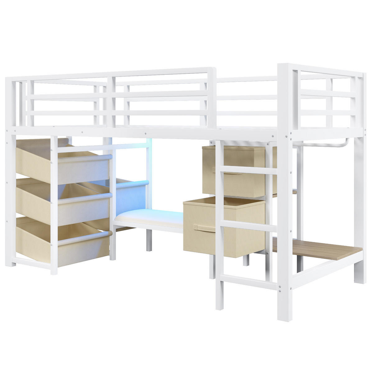 VYSOKÁ posteľ 90/200 cm biela z kovu s LED osvetlením úložným priestorom a sedacím vankúšom - biela, kov (90/200cm) - OKWISH