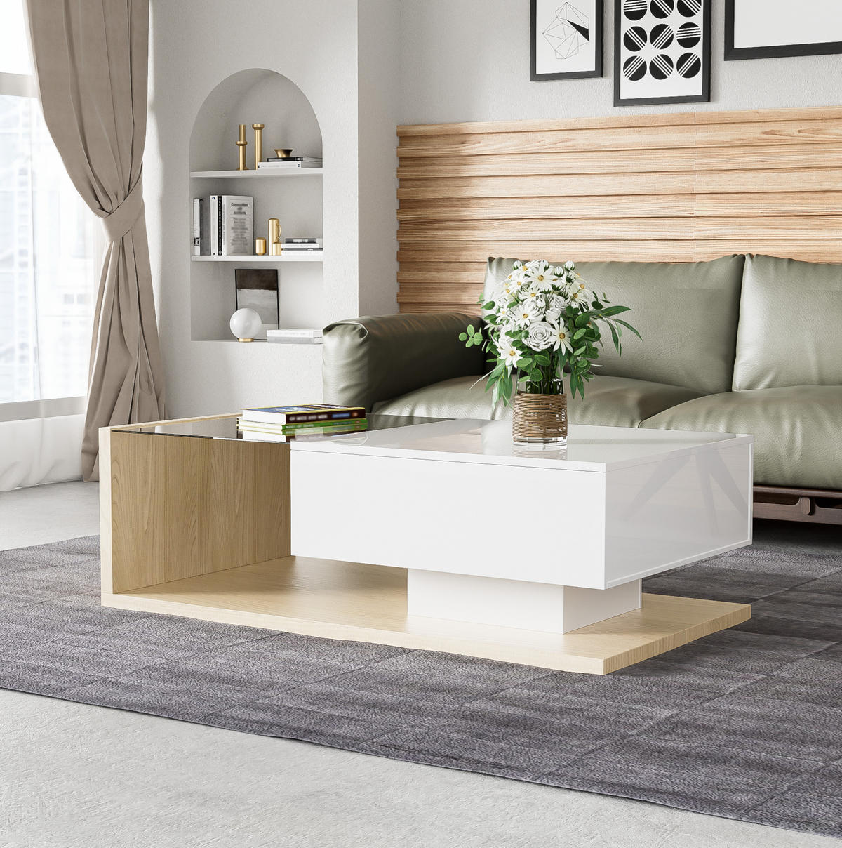 COUCHTISCH, Holzton/Hochglanz Weiß mit Glasplatte & 16-farbiger LED-Beleuchtung, 105/55/32,5 cm,Naturfarben - Naturfarben, Holzwerkstoff (55/105/32.5cm) - Redom