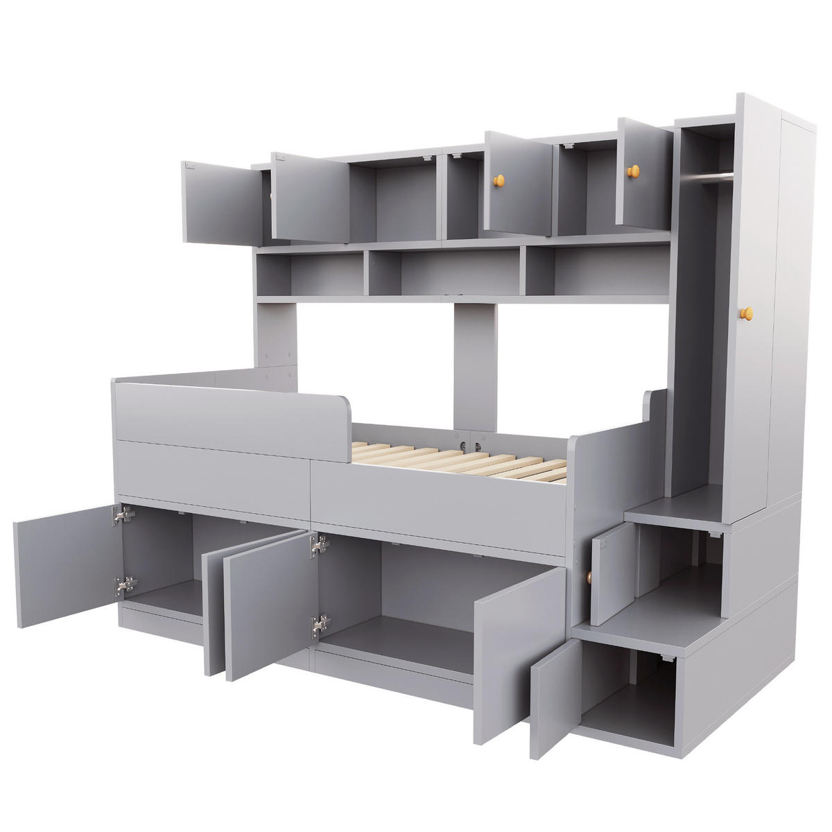 STAURAUMBETT 90/200 cm mit Schrank und LED, DE-01518, in Grau - Grau, Holzwerkstoff (90/200cm) - ComfortXL