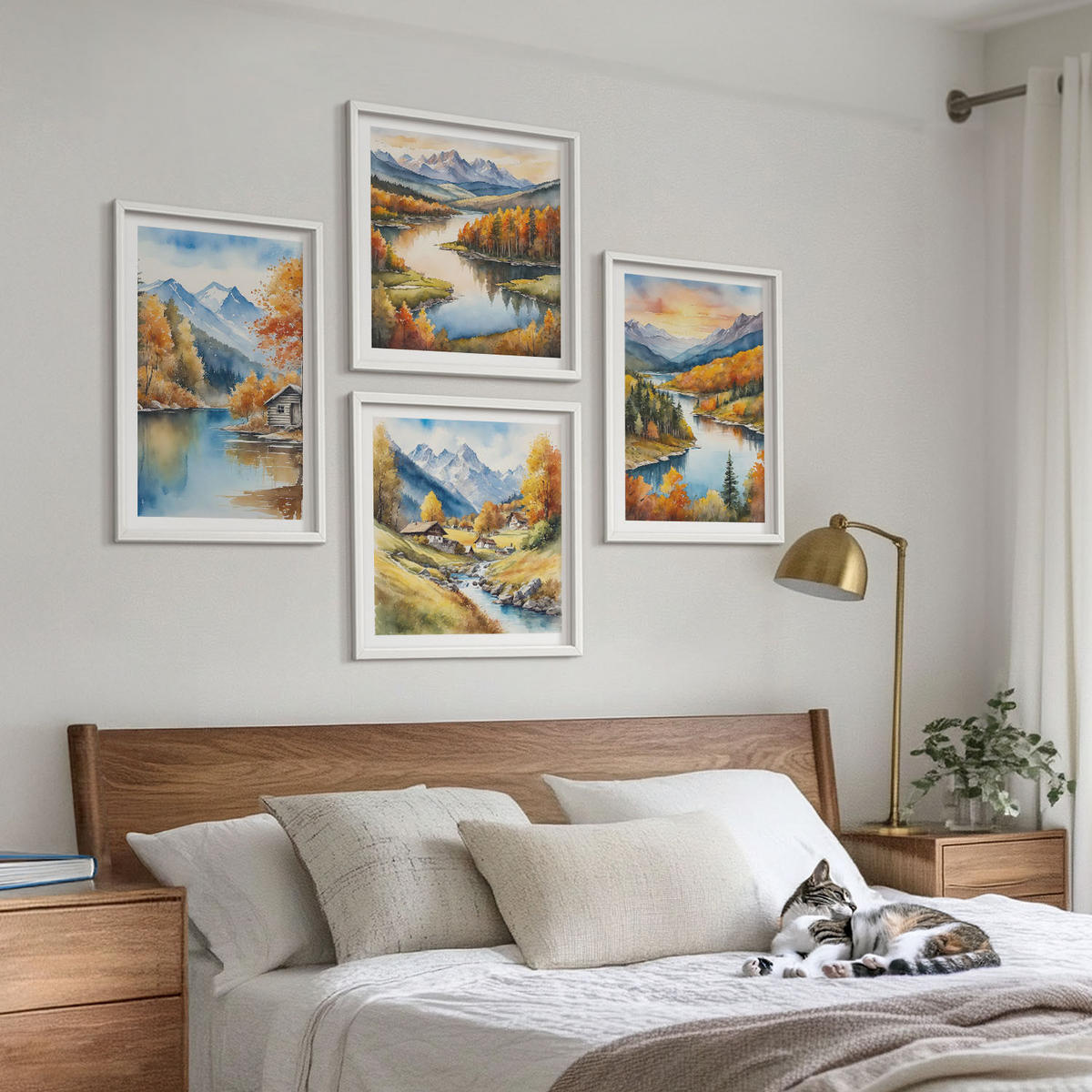 WANDBILDER 4er-Set - 50x50 cm & 40x60 cm Weißer Rahmen - Herbstliche Berge, Flusshütte - Weiß, Kunststoff (50/50cm) - ArtPrintCave