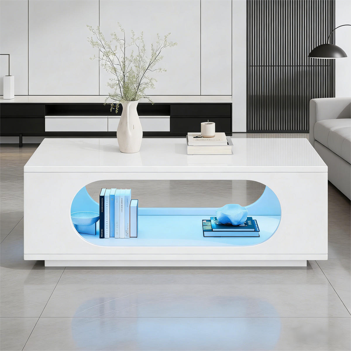 COUCHTISCH LED Weiß App-Steuerung 100x50x35cm MDF Stauraum - Weiß, Holzwerkstoff (100/50/35cm) - FLIEKS