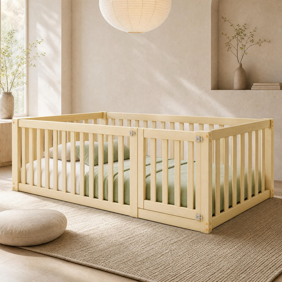 KINDERBETT 90/200 mit Zaun und Tür in Natur - Naturfarben, Holzwerkstoff (90/200cm) - EVRYAE