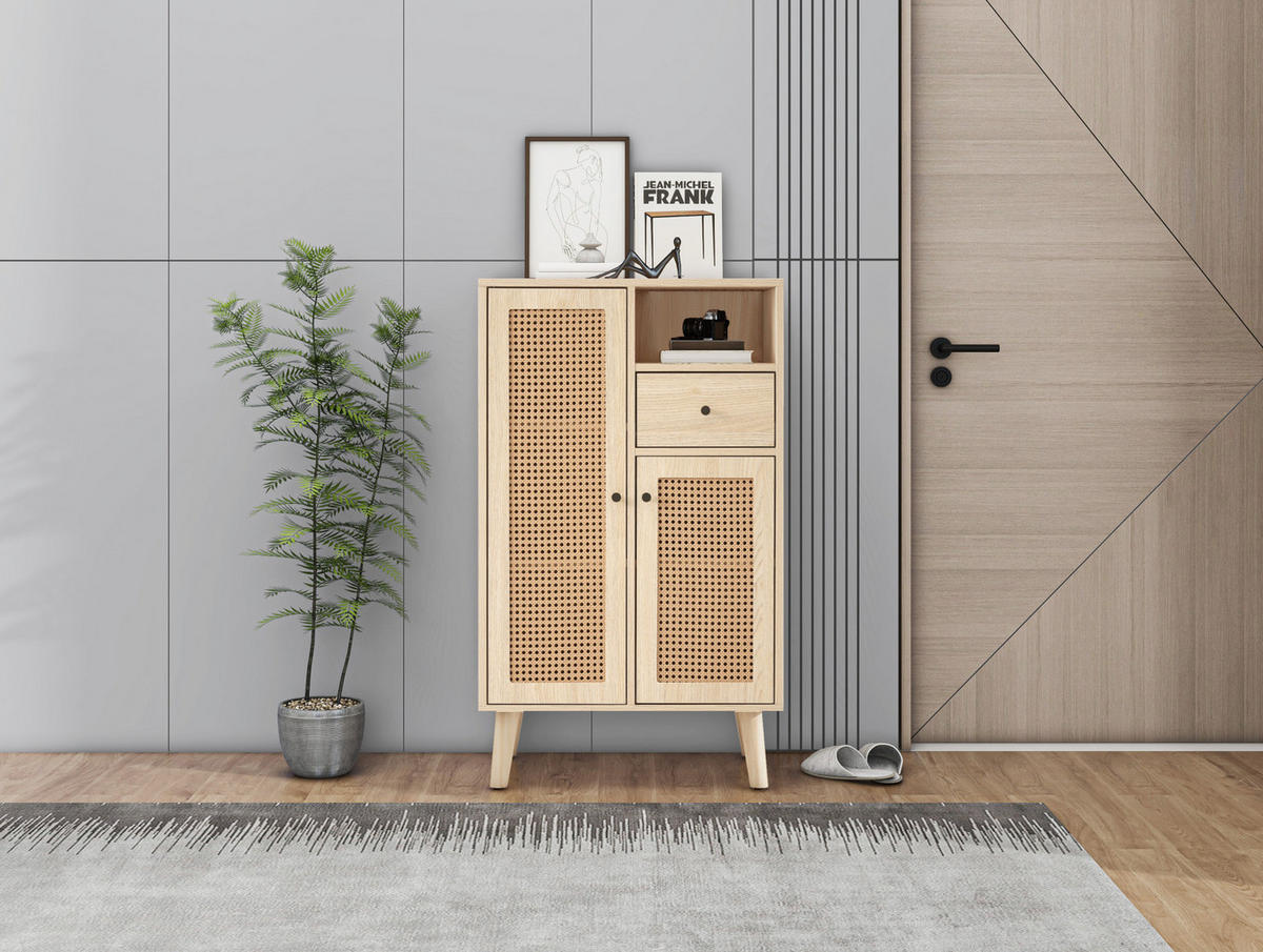 KOMMODE 60/40/101 cm in Eichefarben mit 2 Rattantüren und 1 Schublade - Eichefarben, Holzwerkstoff (60/101/40cm) - Flora Grace