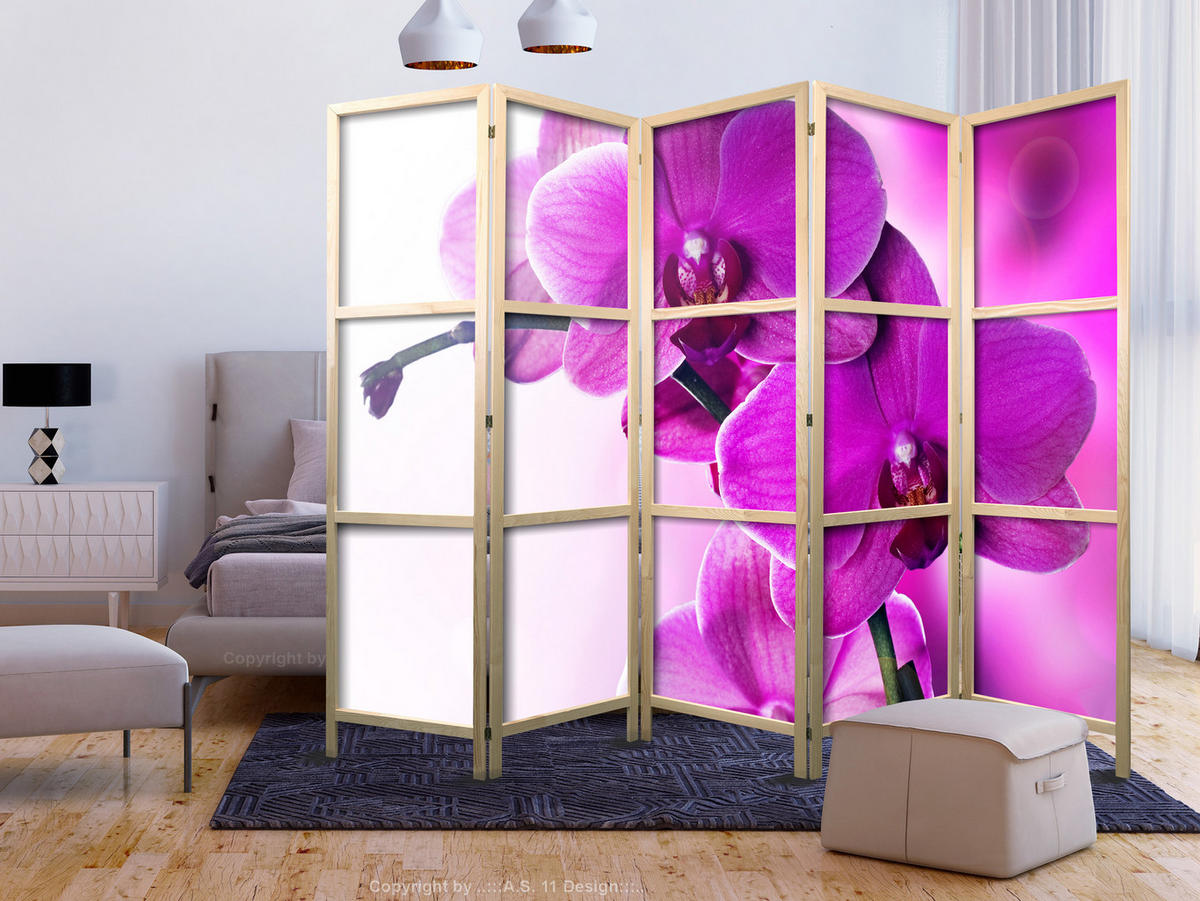 PARAVENT Japanischer 5-tlg 225x172 cm Orchideen Natur - Rosa, Holz/Textil (225/172/3cm) - Muralo