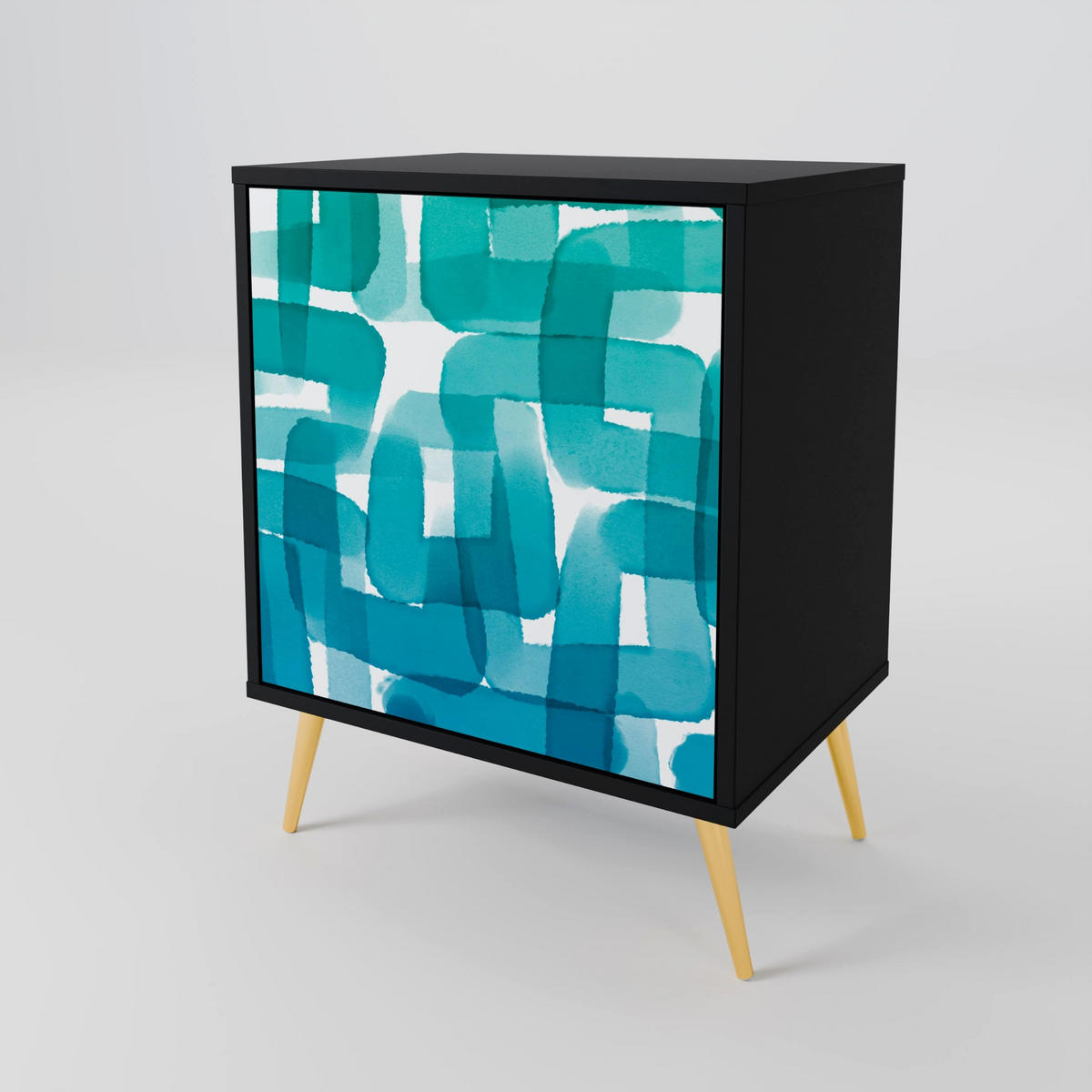 SIDEBOARD TURQUOISE RECTANGLES, Schwarz, 57,5x42x72,5 cm, Schwarze Metallfüße - Multicolor/Schwarz, Holzwerkstoff/Metall (57.5/72.5/42cm) - SpaceRebels
