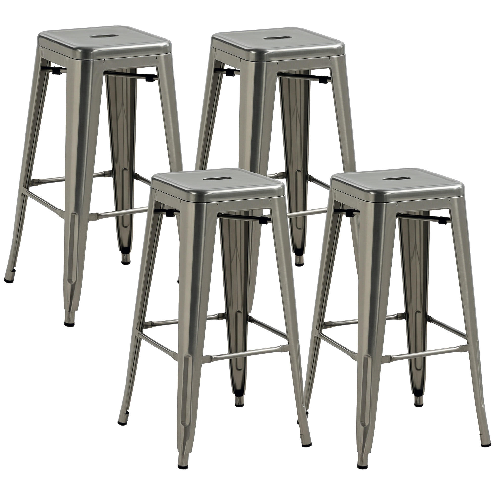 BARHOCKER 4er-Set DE-14729 industriell stapelbar mit Fußstütze Silber - Silberfarben, Metall (43/76/43cm) - ComfortXL