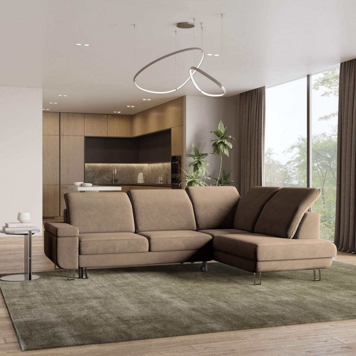 ECKSOFA LERMA R-S Beige Velours-Stoff mit Schlaffunktion - Beige, Holz (253/190cm) - MASSENO