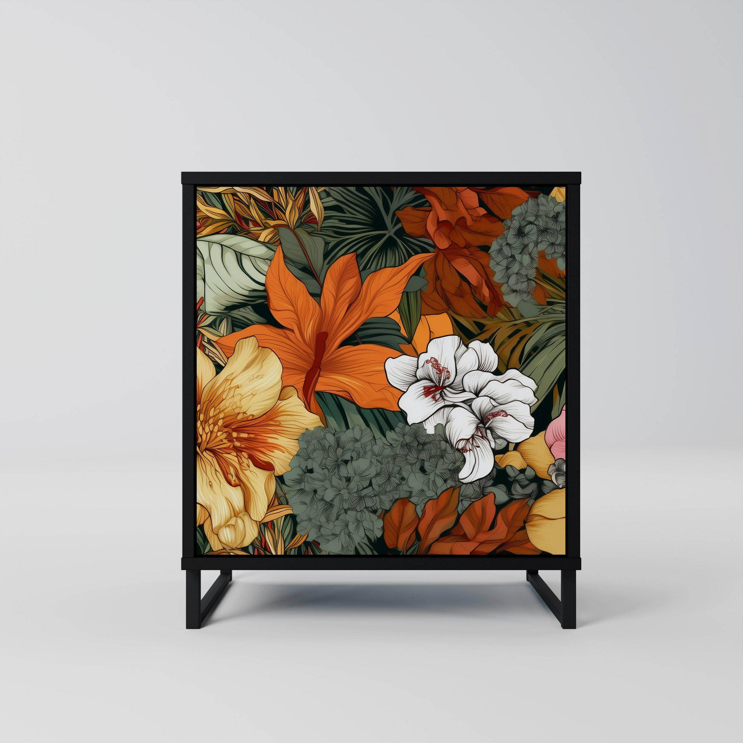 SIDEBOARD RADIANT FLORA, Schwarz, 57,5x42x67,5 cm, Schwarze Metall-Rahmenfüße - Multicolor/Schwarz, Holzwerkstoff/Metall (57.5/67.5/42cm) - SpaceRebels