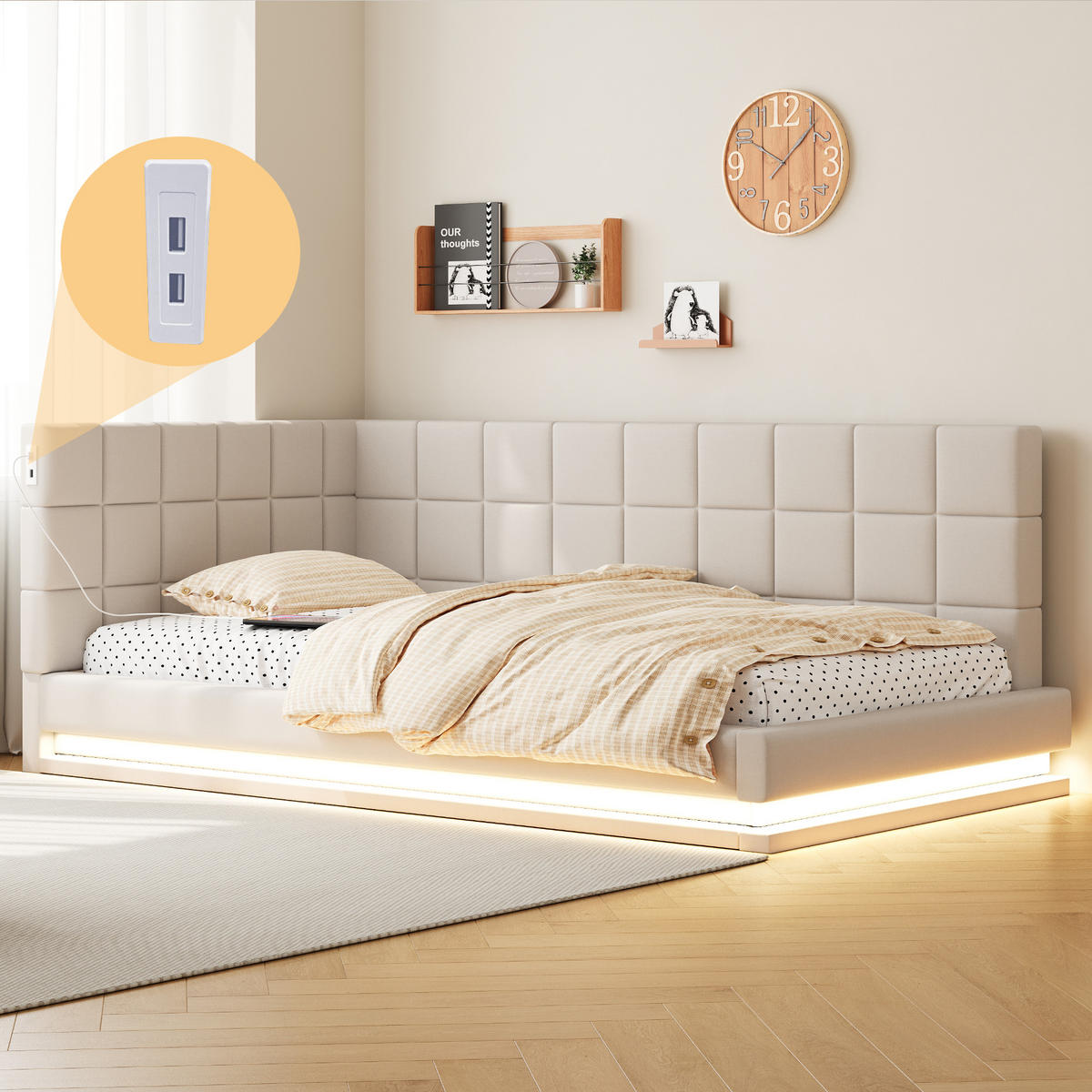 POLSTERBETT 90/200 cm mit LED-Beleuchtung und USB-Steckdose Leinenstoff Beige - Beige, Textil (90/200cm) - OKWISH