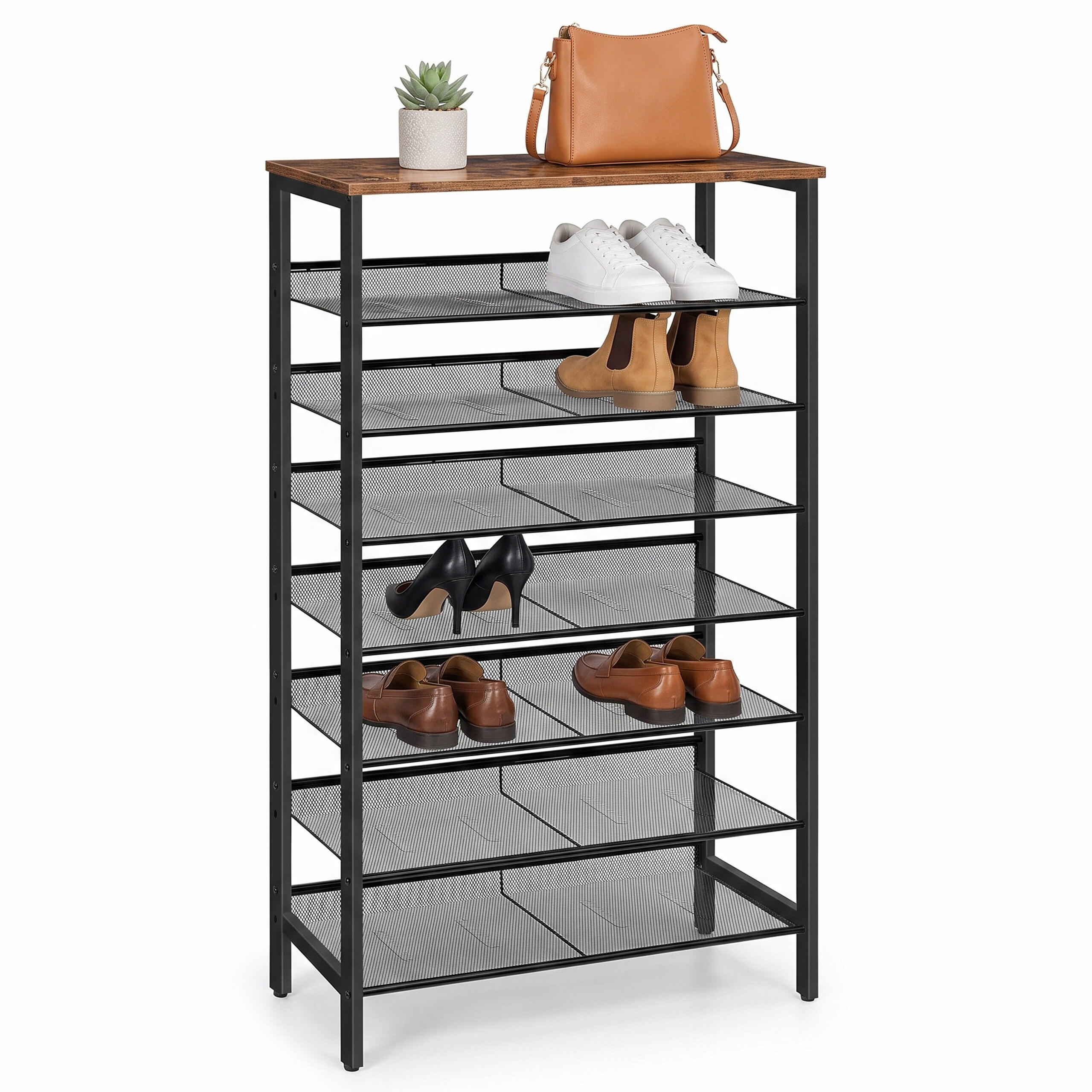 Relaxdays REGÁL NA BOTY vintage hnědá kov MDF 8 úrovní 137 cm
