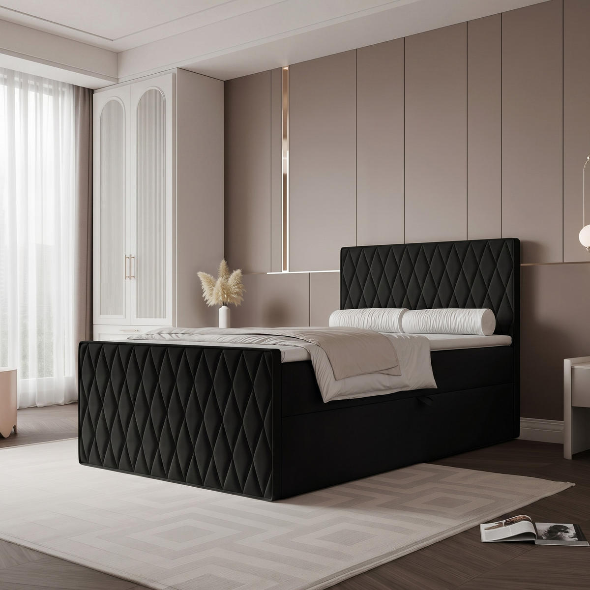 BOXBETT PONTI III 120x200 cm Schwarz (Samt) - mit 2 Bettkästen, Bonellmatratze und Rautensteppung - Schwarz, Holzwerkstoff/Textil (120/200cm) - Ravio