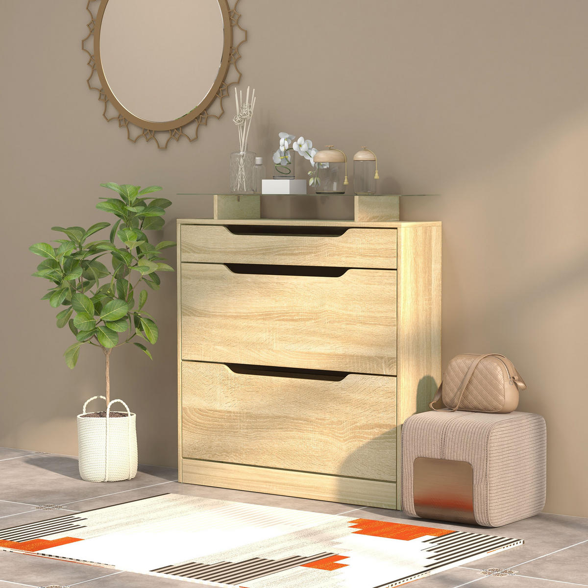 SCHUHSCHRANK DE-15003 mit 2 Klapptüren, Schublade & Glasablage Eiche - Eichefarben, Holzwerkstoff (89/96/23cm) - ComfortXL
