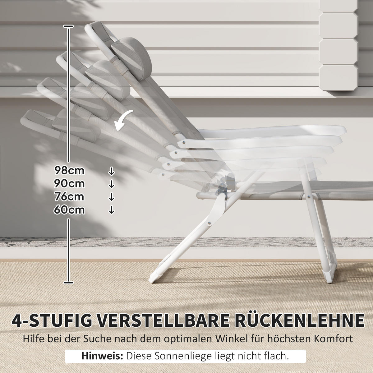 SONNENLIEGE klappbar Gartenliege mit Kopfkissen, verstellbare Rückenlehne - Hellgrau, Metall (66/98/160cm) - Outsunny
