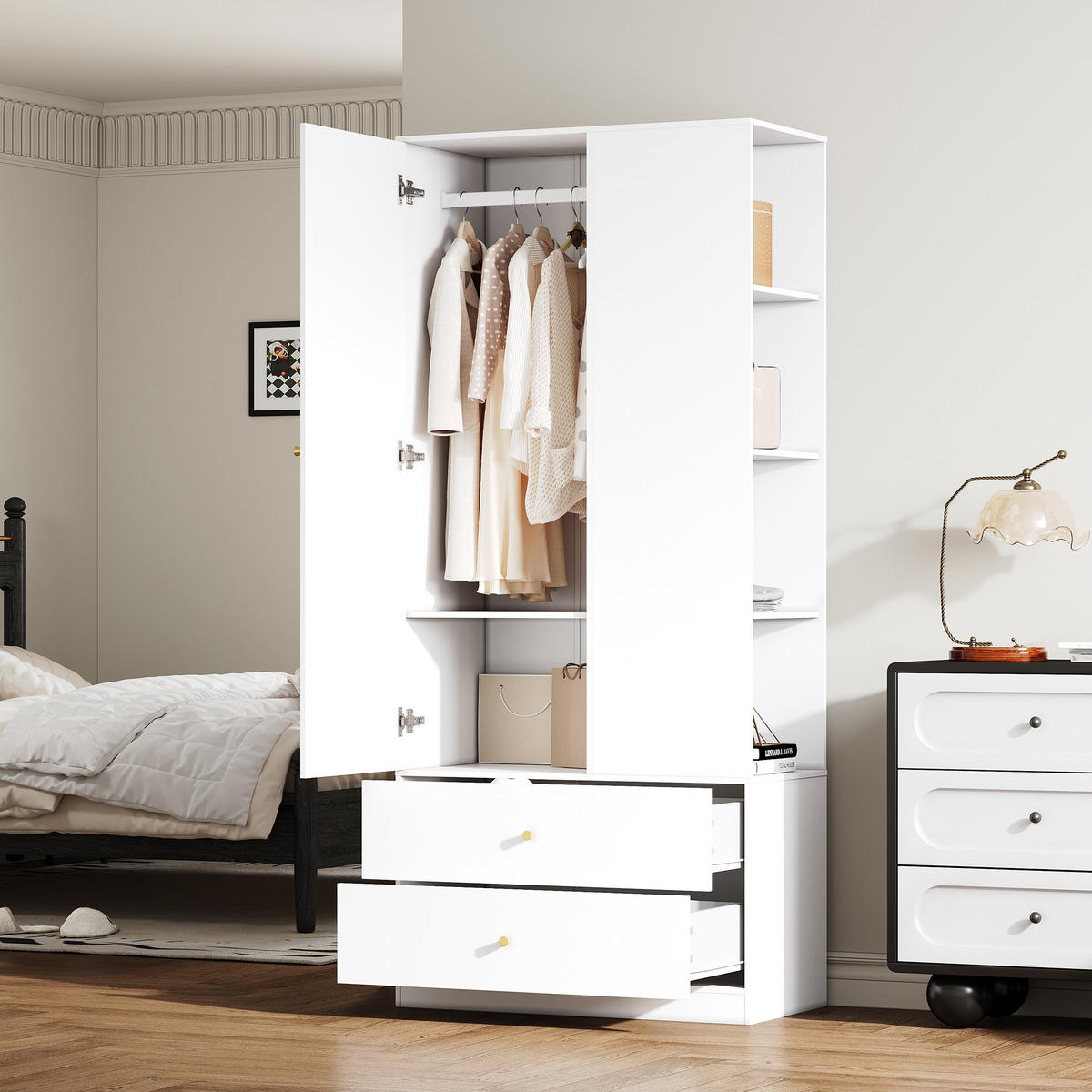 KLEIDERSCHRANK mit Spiegel 1 Tür Schubladen Weiß Modern - Weiß, Holzwerkstoff (80/180/40cm) - FLIEKS