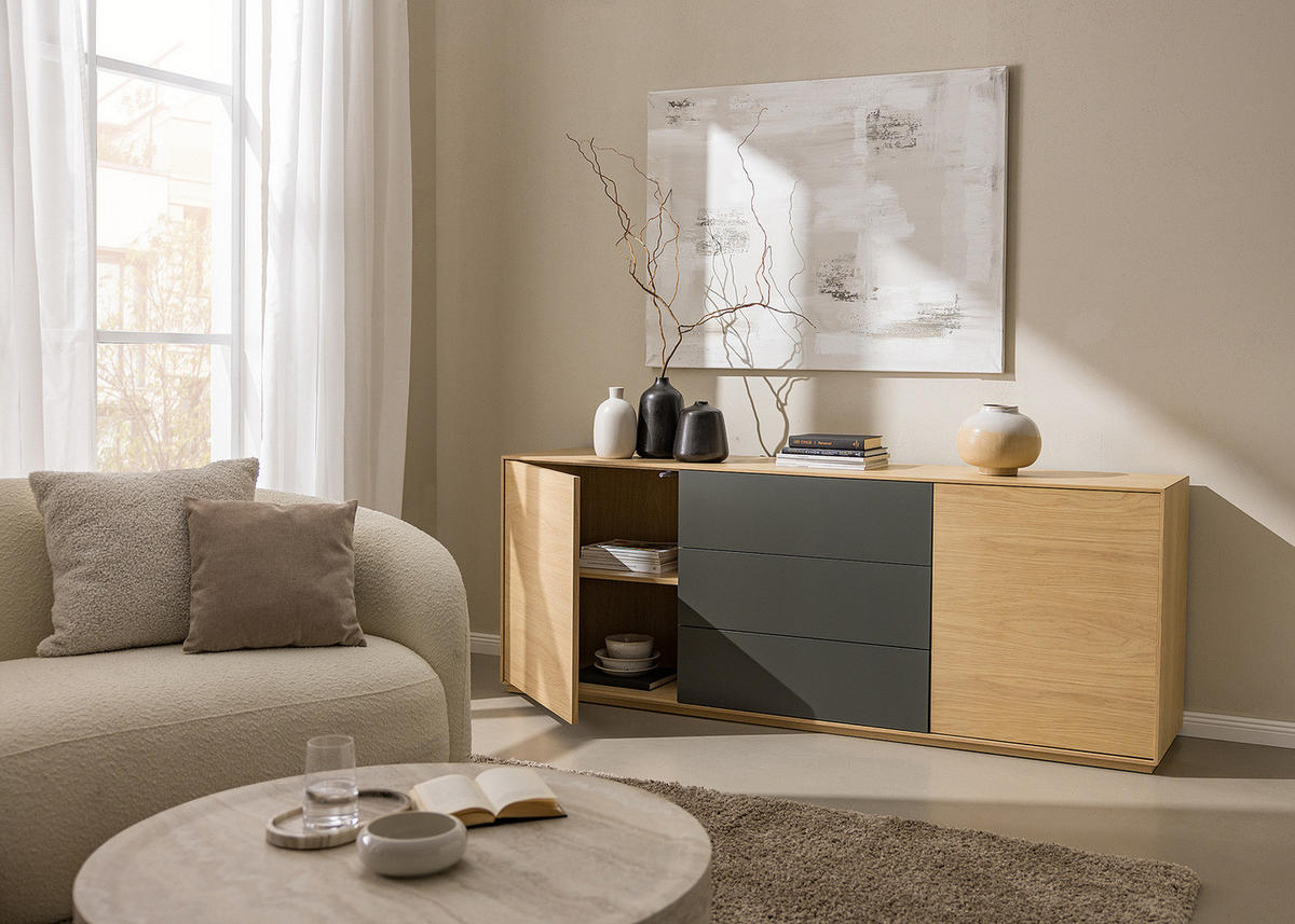 SIDEBOARD - Eiche / Dunkelgrau - Eichefarben/Dunkelgrau, Holzwerkstoff (200/75/45cm) - home24