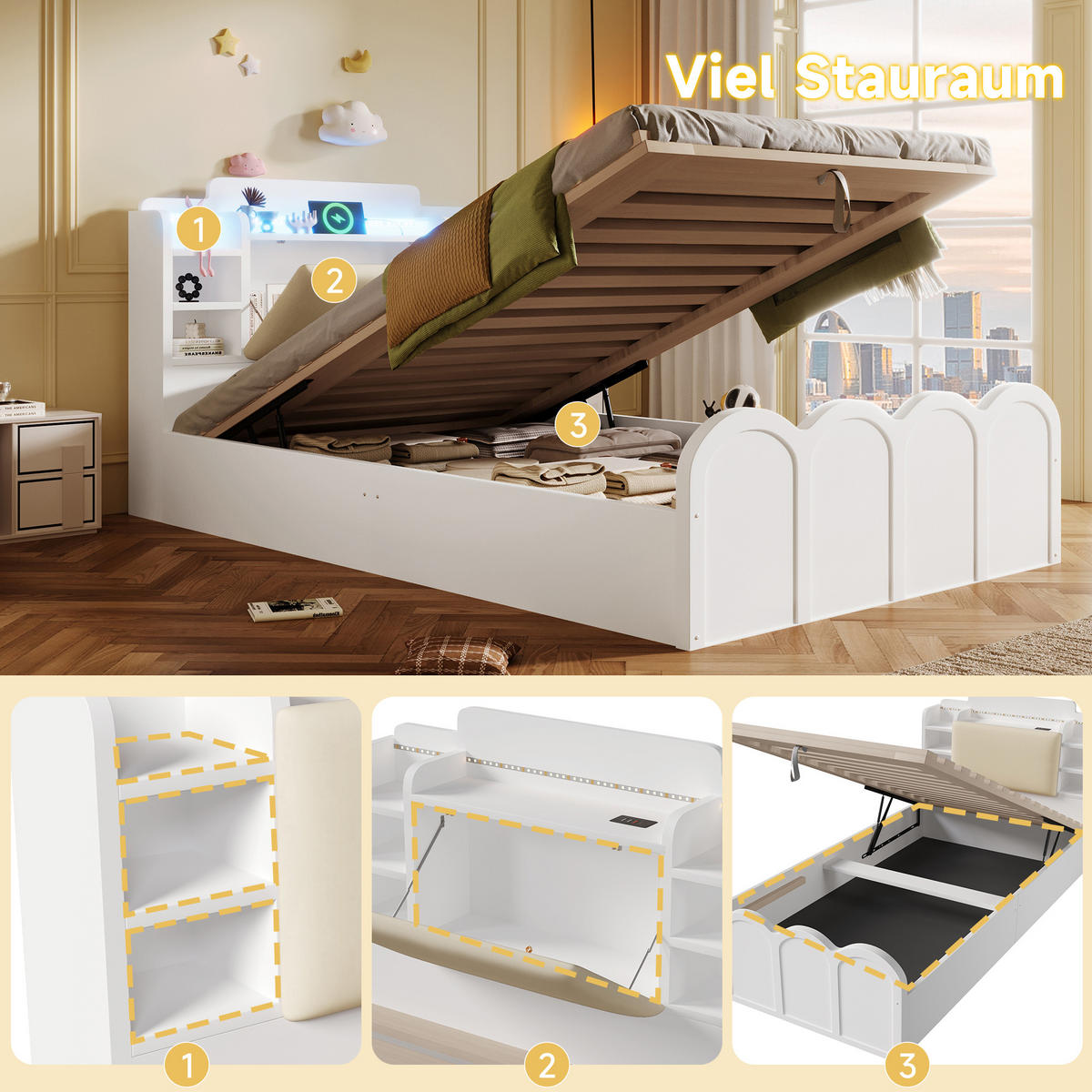 BETT 90/200 cm in Weiß mit Bettkasten, LED und USB/Type-C Massivholz Kinderdesign - Weiß, Holzwerkstoff/Textil (90/200cm) - STILVORA