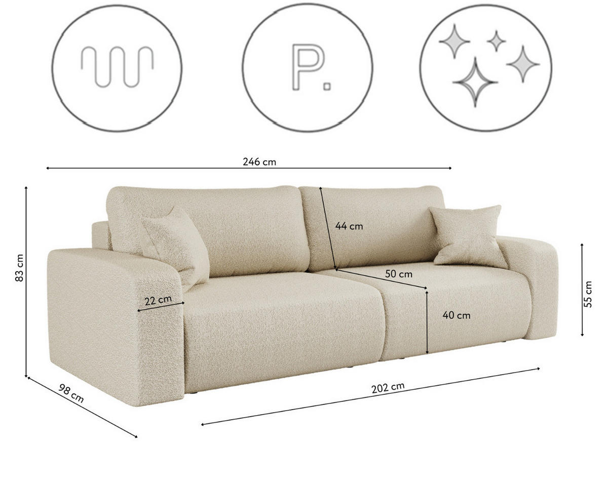 SCHLAFSOFA MILANO und Bettkasten Stoff Quelle Ecru - Ecru, Holz (246/83/98cm) - Kaiser Möbel