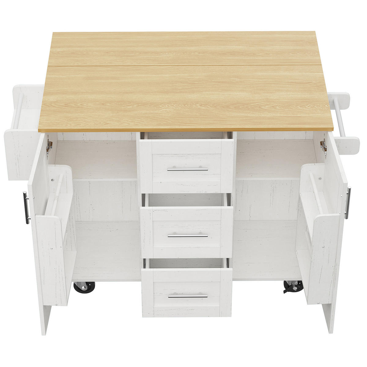KÜCHENWAGEN 135x74x87.2cm Weiß mit Klappseiten, 3 Schubladen, Snackregal & 5 Rollen - Weiß, Holzwerkstoff (135/87.2/74cm) - Modfu