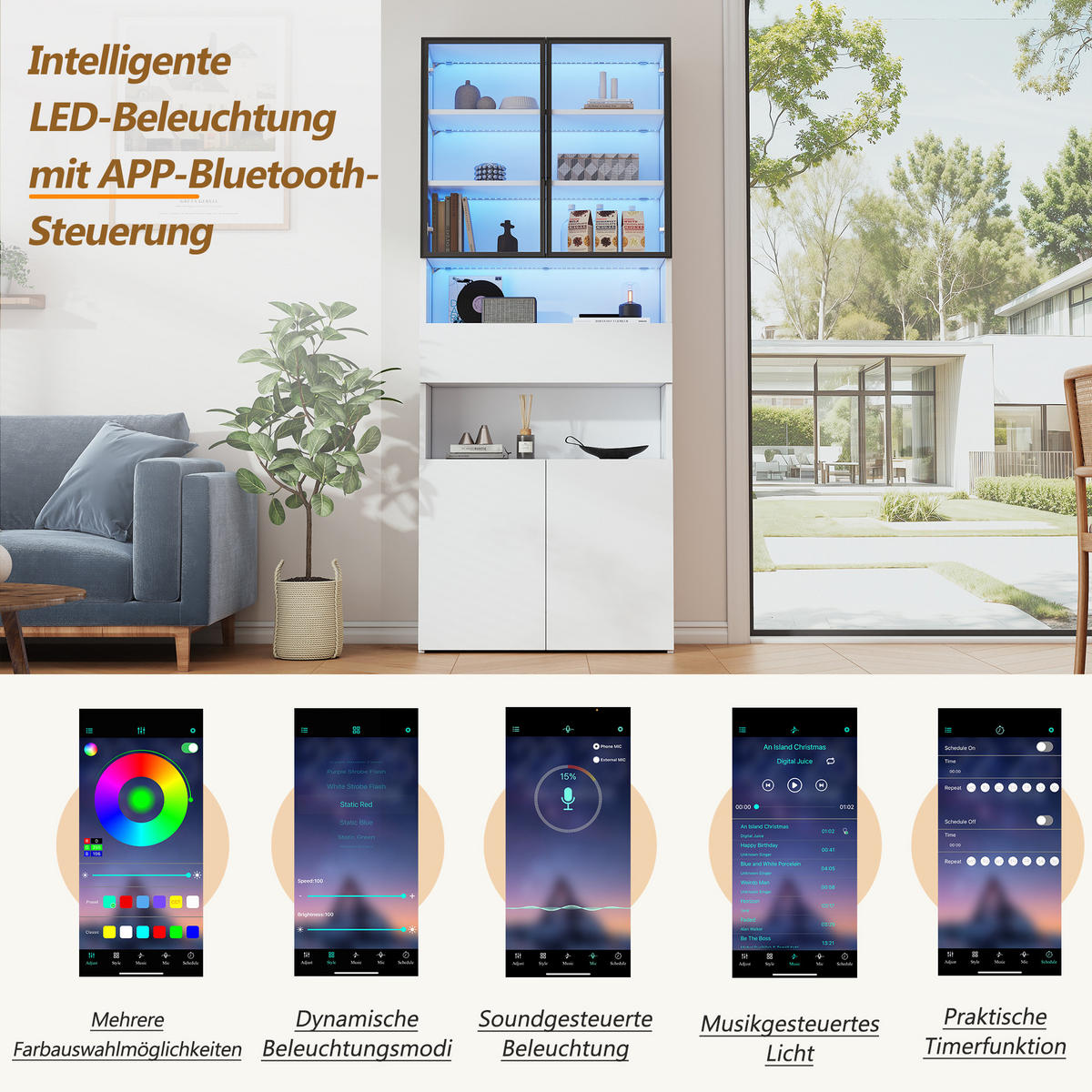 VITRINE LED Glas Hochschrank 2 Türen Schubladen Weiß - Weiß, Holzwerkstoff (70/200/30cm) - FLIEKS