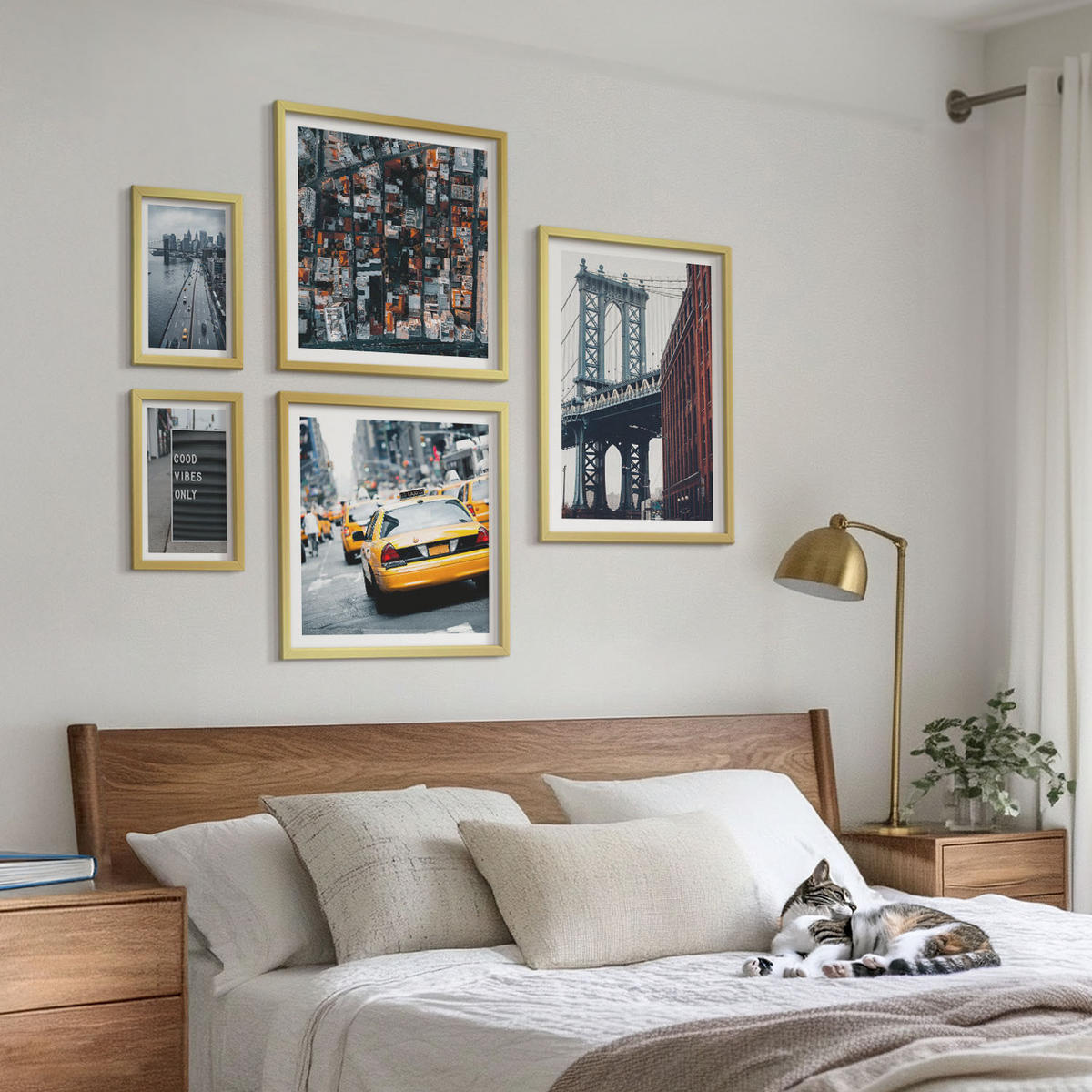 BILDER SET 5er Set - 50x50 cm & 20x30 cm & 40x60 cm Goldrahmen - Brückenstadt-Inschriften aus der Vogelperspektive - Goldfarben, Kunststoff (40/60cm) - TULUP