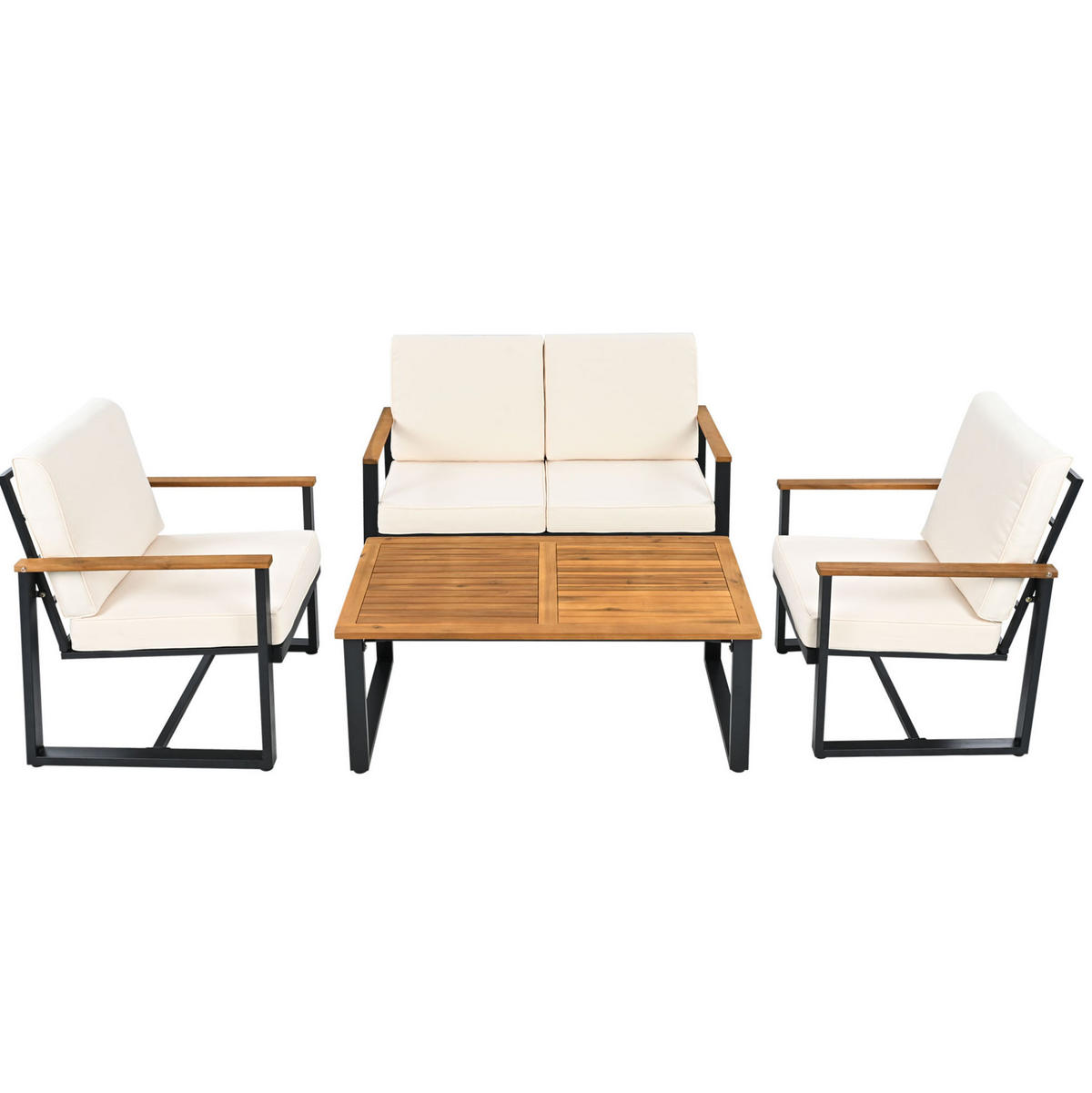 GARTENMÖBEL-SET mit 3-Sitzer, 2-Sitzer, 2 Sesseln, Couchtisch und Hocker, Akazienholz und verzinkter Stahl, Beige - Beige, Metall - Redom