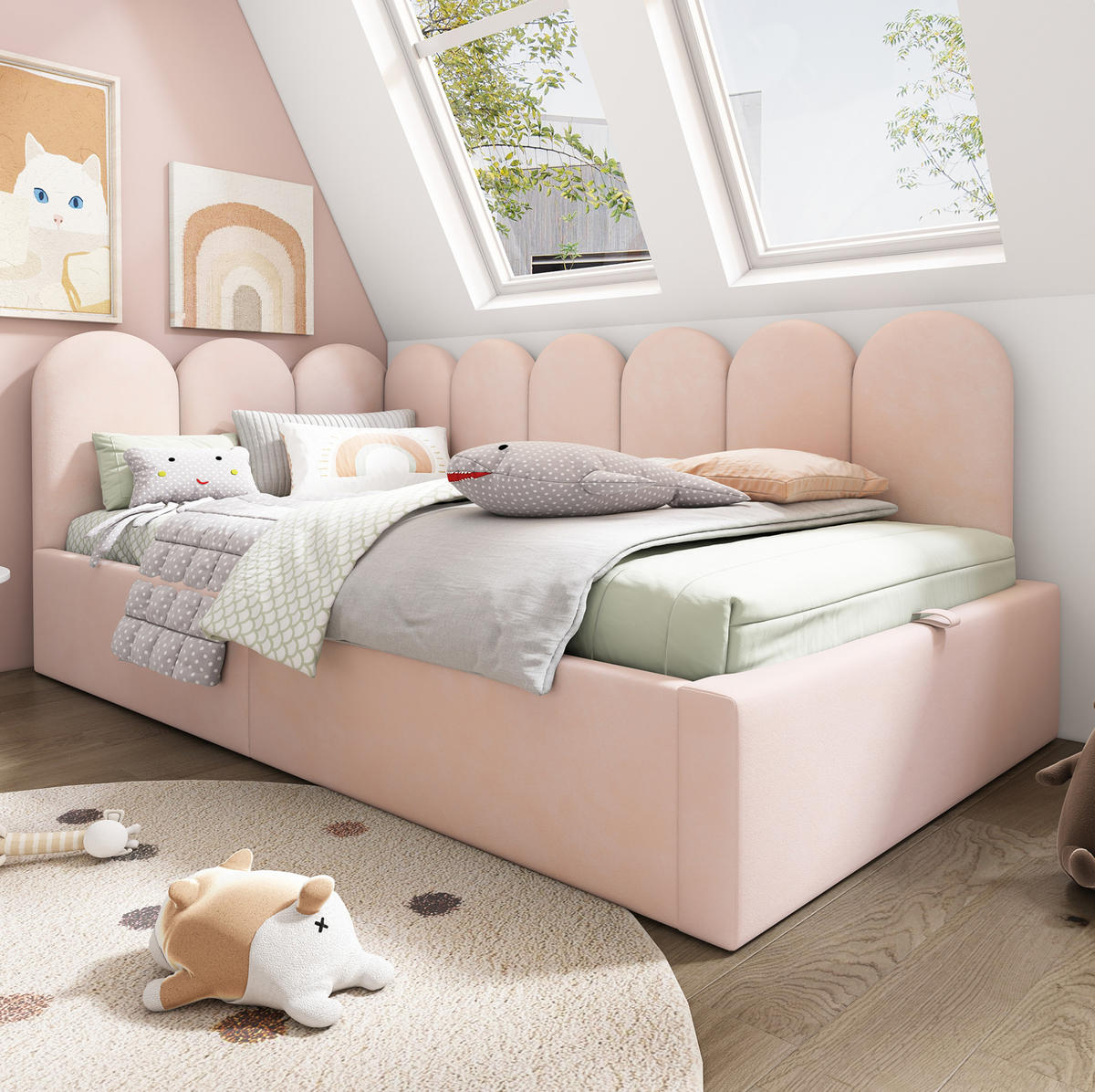 SAMT-POLSTERBETT 90/200 cm mit Bettkasten und gepolstertem Kopfteil - Pink, Textil (90/200cm) - BEAOK