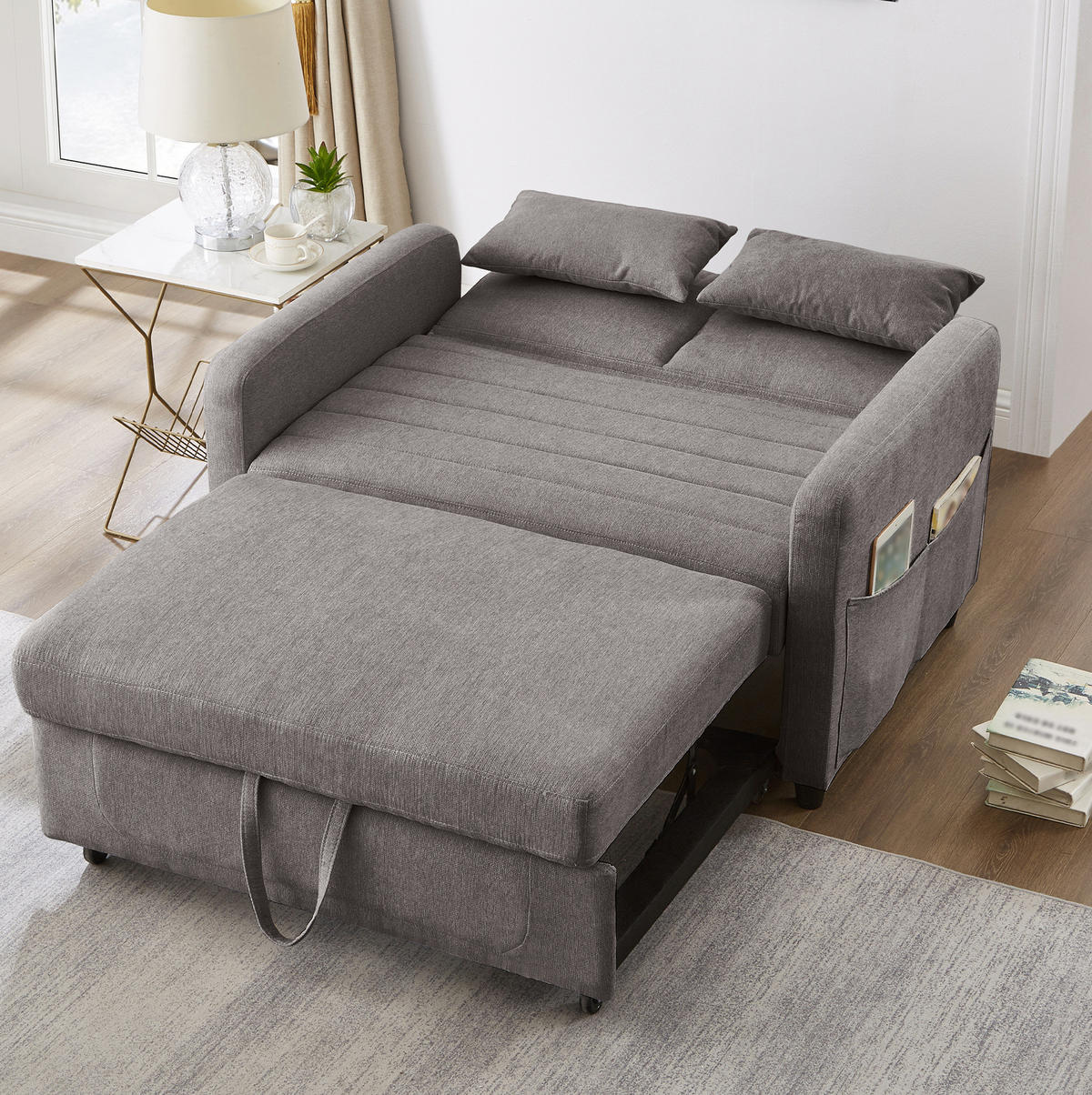 SCHLAFSOFA aus Baumwoll-Leinen-Stoff 166x95 cm Grau mit Ausziehfunktion, 3-fach verstellbarer Rückenlehne und 2 Kissen - Grau, Kunststoff (77/82.5/114cm) - Modfu