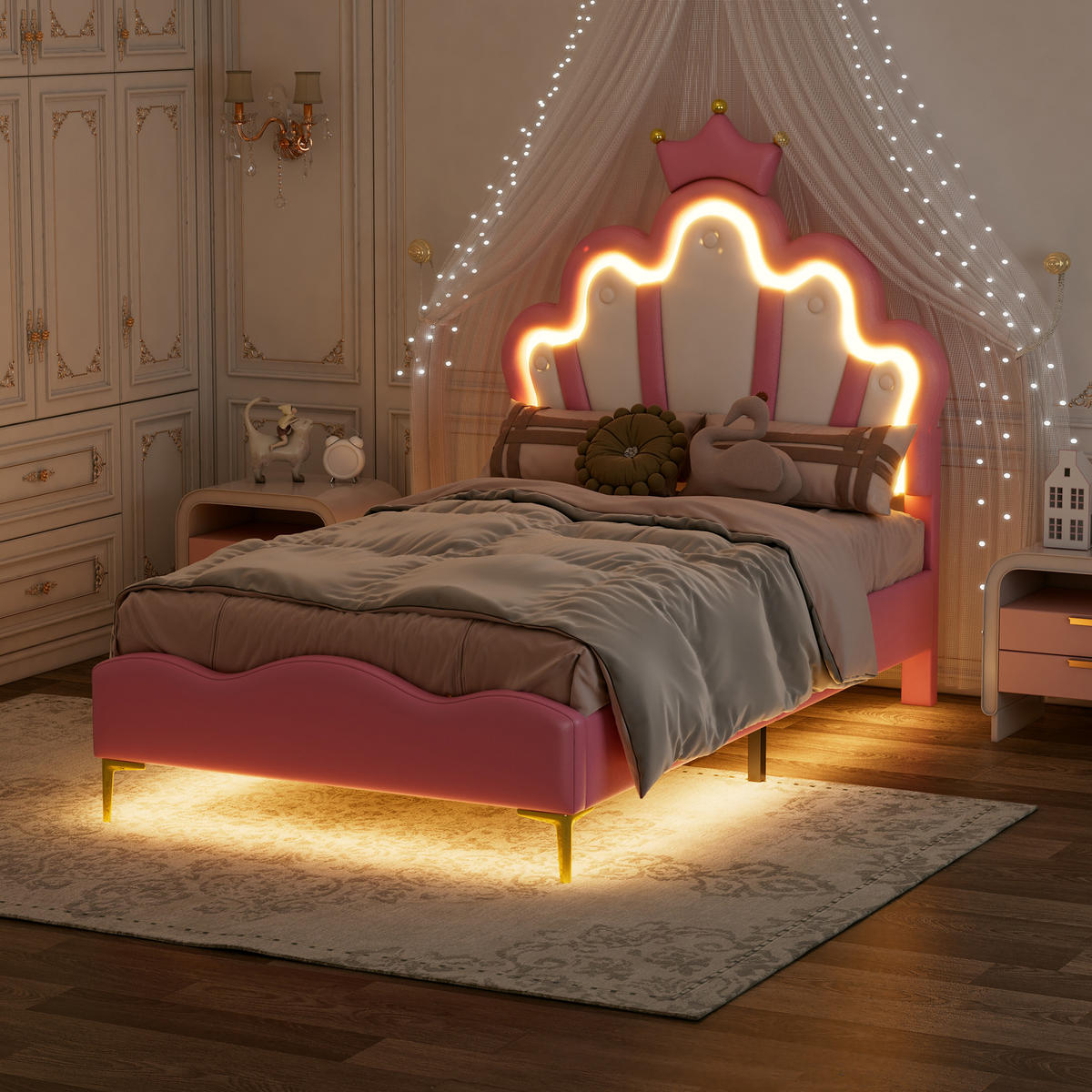 KINDERBETT 90/200 cm Rosa mit LED-Beleuchtung und krönenförmigem Kopfteil - Rosa, Kunststoff (90/200cm) - OKWISH