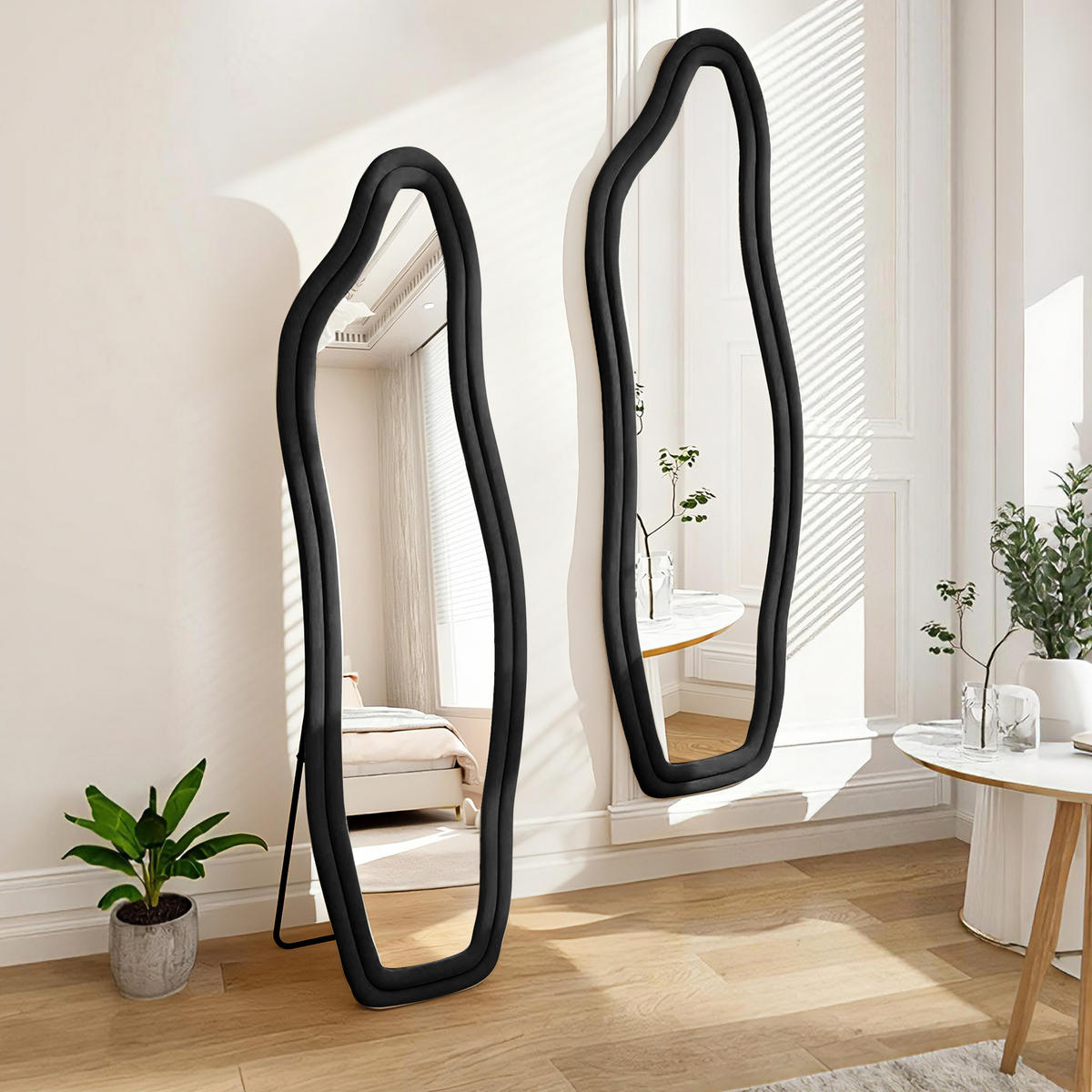 STANDSPIEGEL 160 x 50 cm, Spiegel in Delfinform, Wandspiegel,Samtrahmen, schwarz - Schwarz, Glas/Textil (50/160/3cm) - WoodenAura