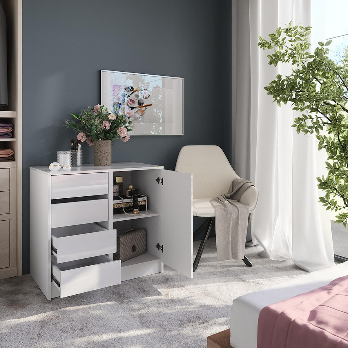 KOMMODE Sherry Weiß/Weiß Hochglanz 80.2 x 76 cm 2 Teile - Weiß Hochglanz, Holzwerkstoff (50.1cm) - Vicco