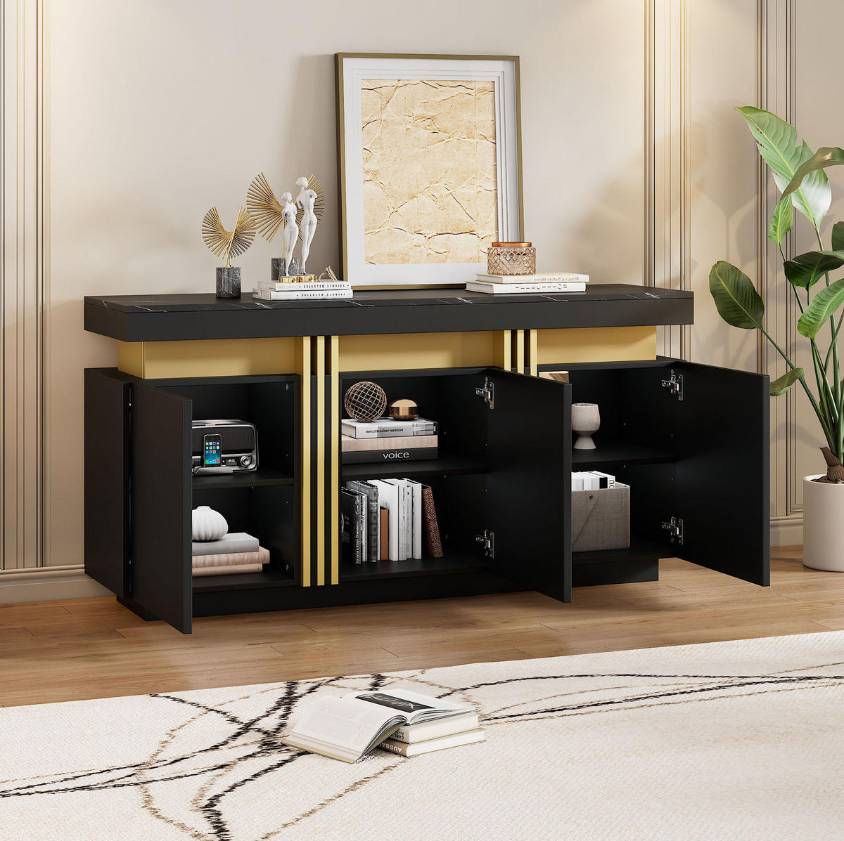 SIDEBOARD 140/38/70 cm Schwarz aus Spanplatte mit Marmorstruktur - Schwarz, Holzwerkstoff (38/70/140cm) - OKMYHOME