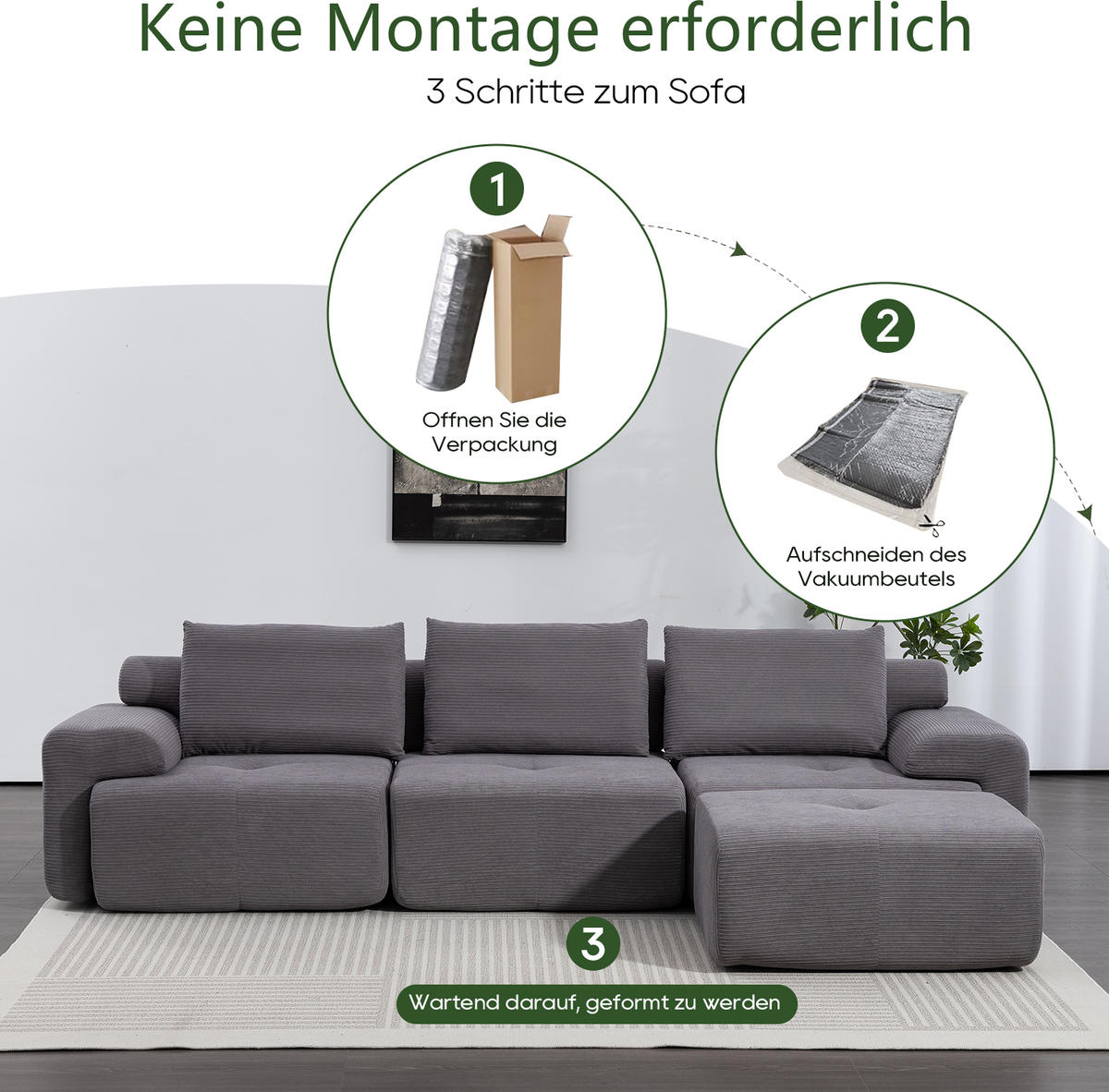 ECKSOFA 305/154/69 cm Dunkelgrau Cord mit 1 Fußhocker - Dunkelgrau, Textil (305/154cm) - Oxeza