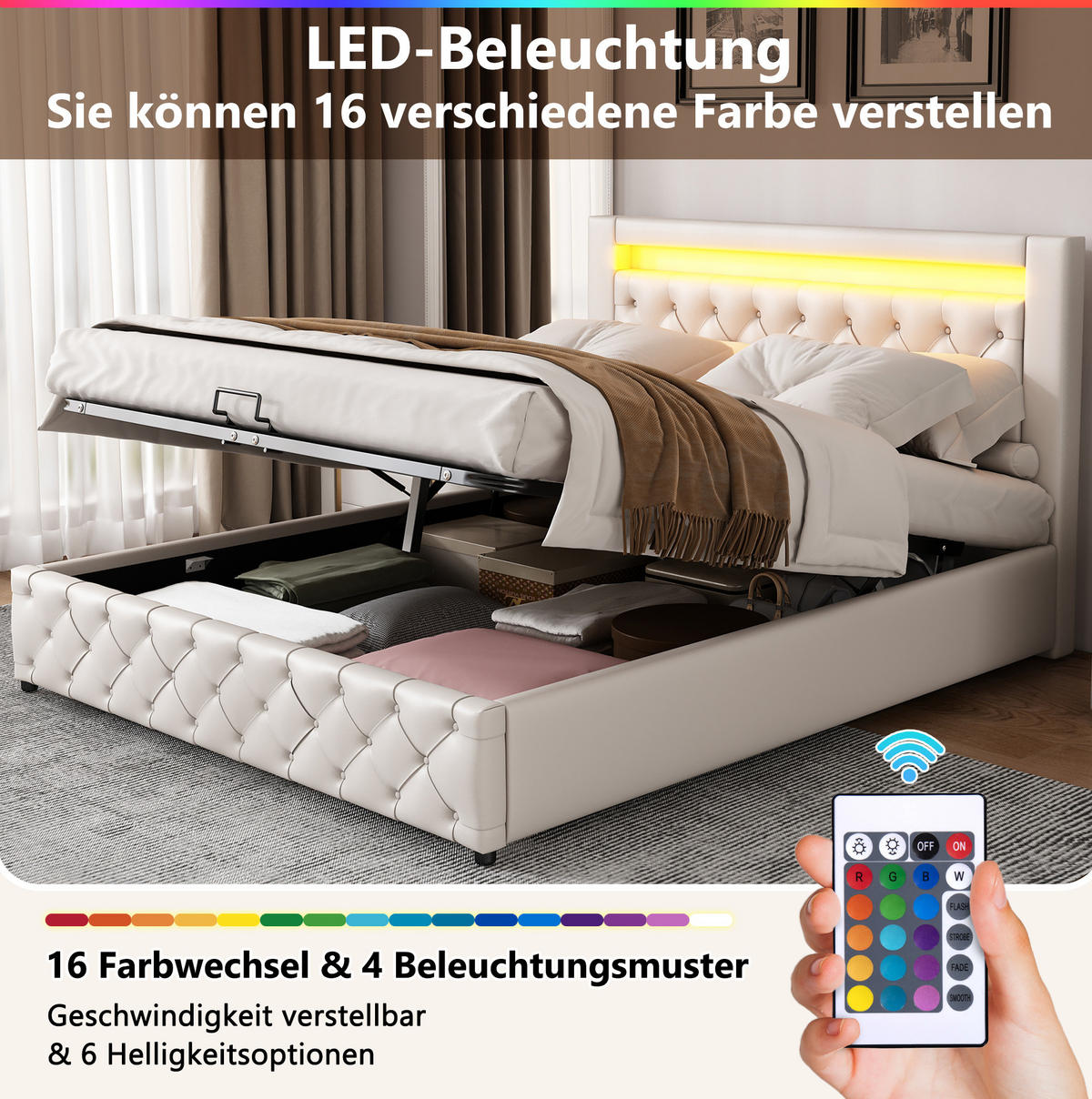 POLSTERBETT 140/200 cm Weiß aus PU mit Bettkasten und LED-Beleuchtung - Weiß, Kunststoff (140/200cm) - OKMYHOME
