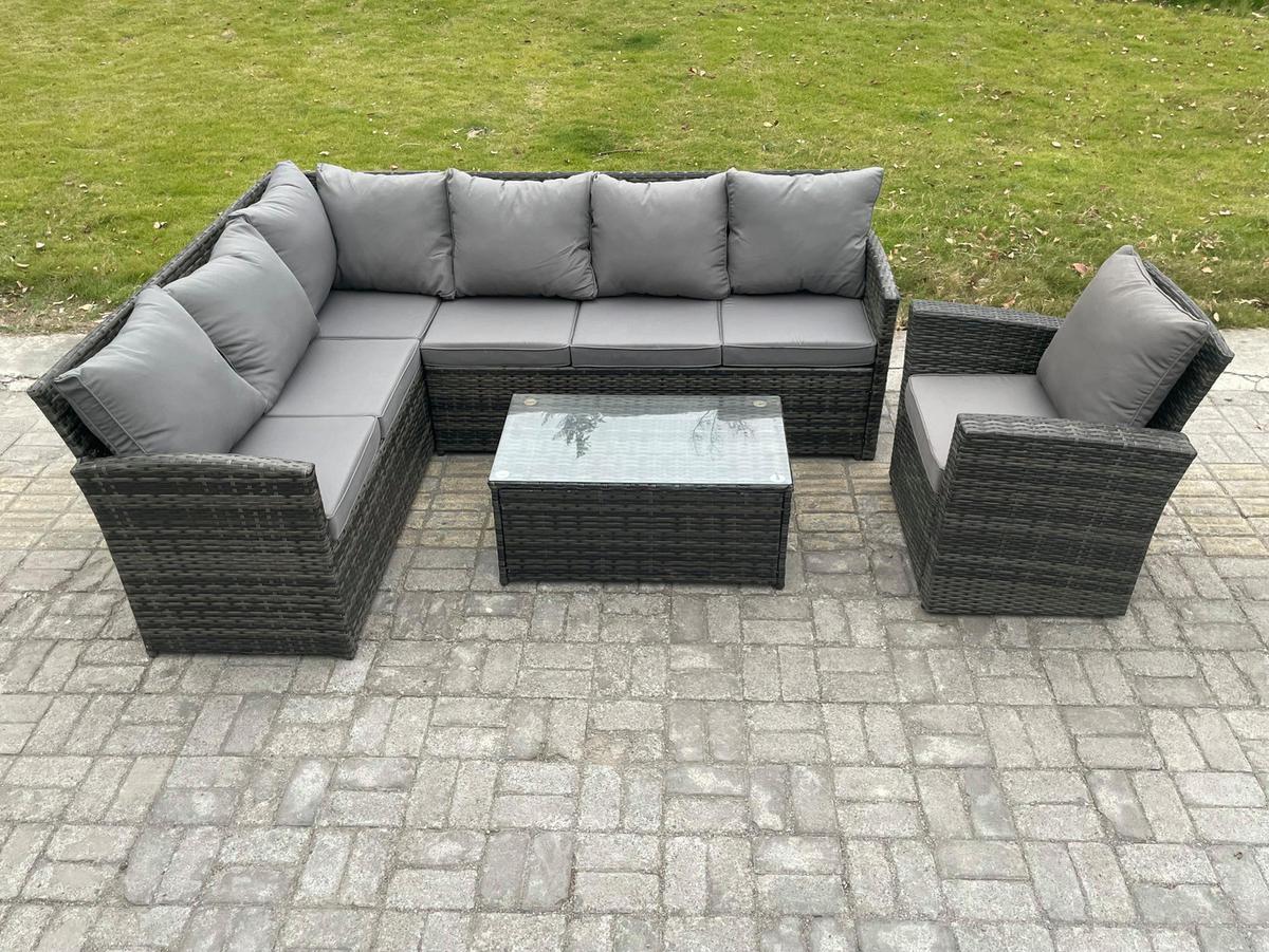 GARTENSET mit Couchtisch Polyrattan Dunkelgrau 7-Sitzer - Dunkelgrau/Grau, Glas/Kunststoff - Fimous