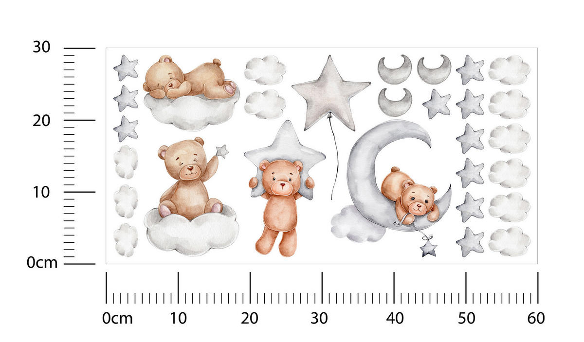WANDSTICKER SET Teddybären Wolken Sterne Monde 60x30 - Beige/Braun, Papier (60/30/1cm) - Muralo